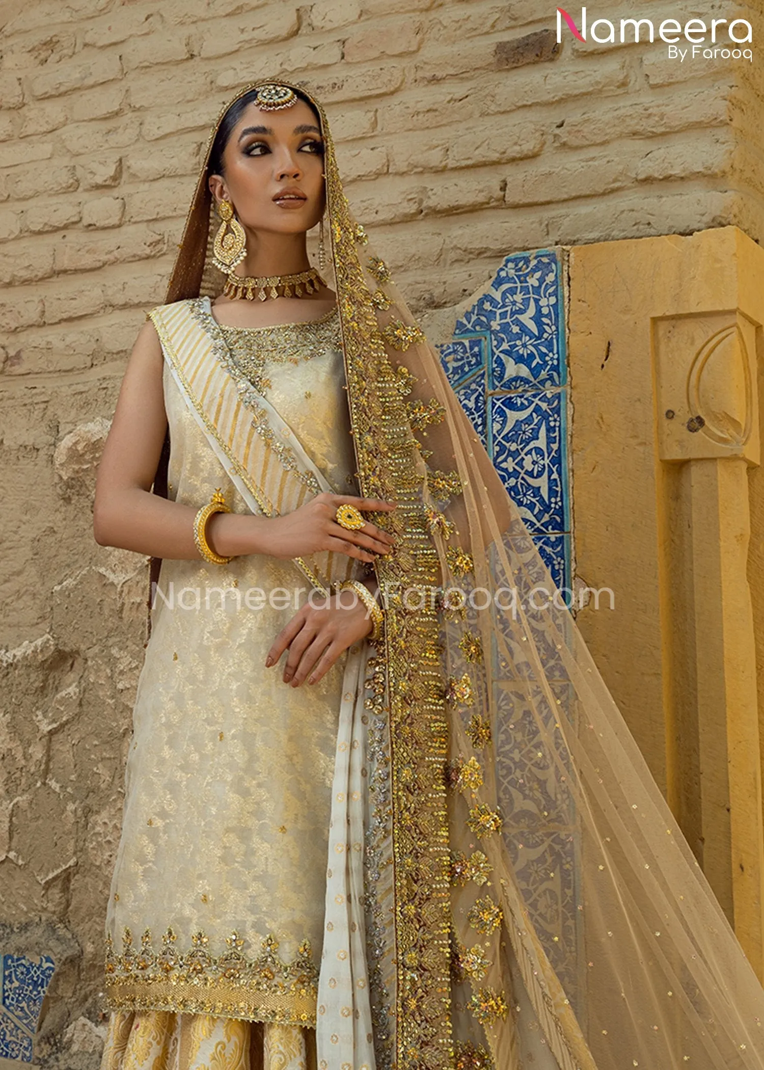 Farshi Gharara and Kameez Dupatta in Ivory Gold #BS669