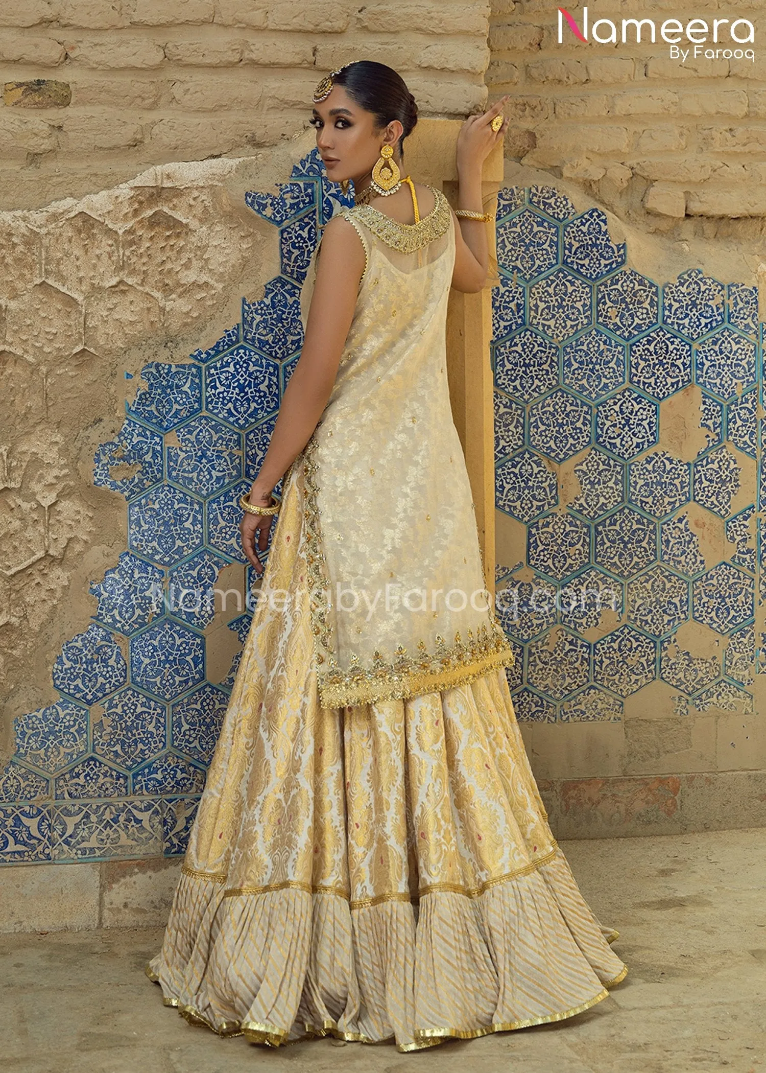 Farshi Gharara and Kameez Dupatta in Ivory Gold #BS669