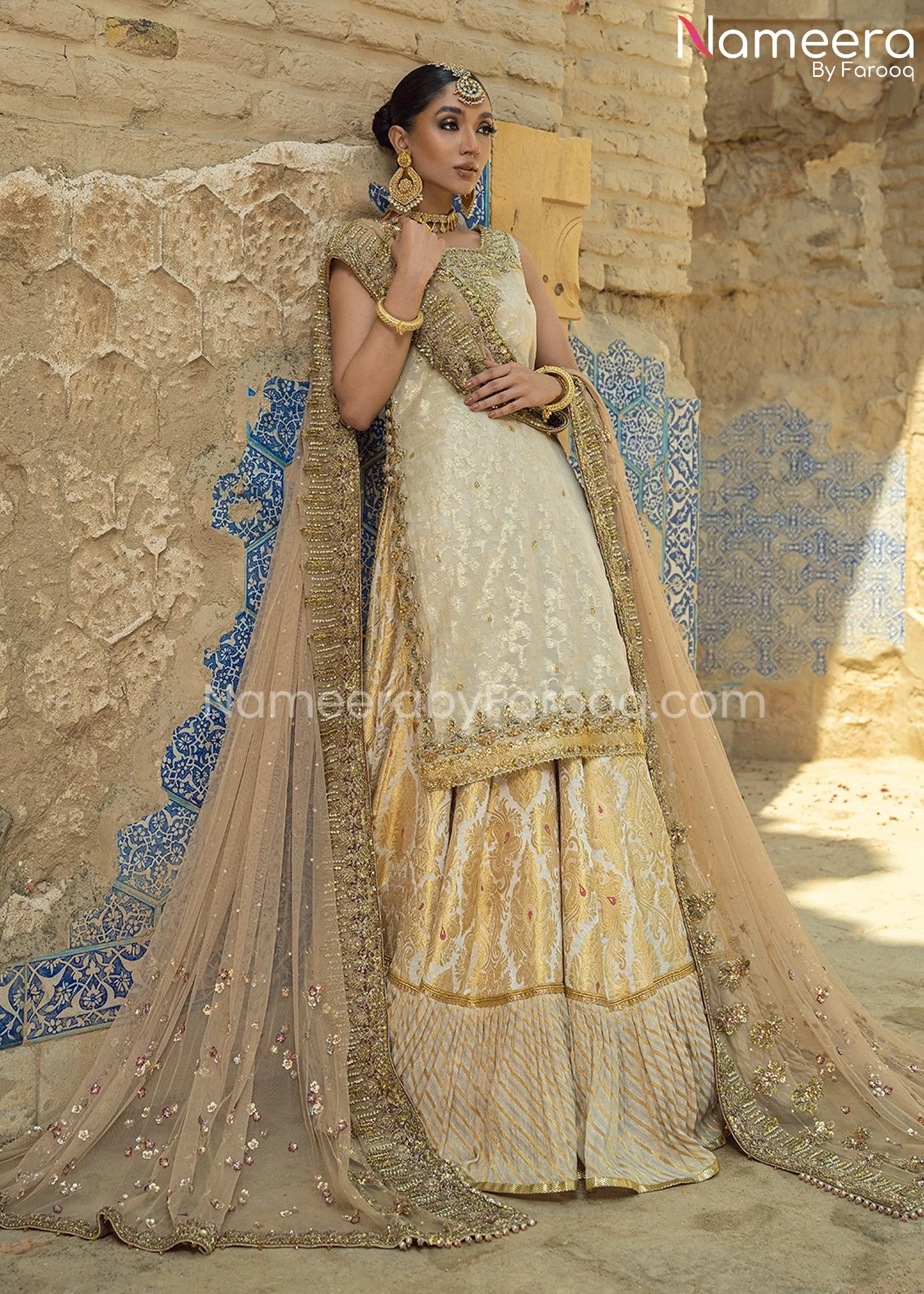 Farshi Gharara and Kameez Dupatta in Ivory Gold #BS669