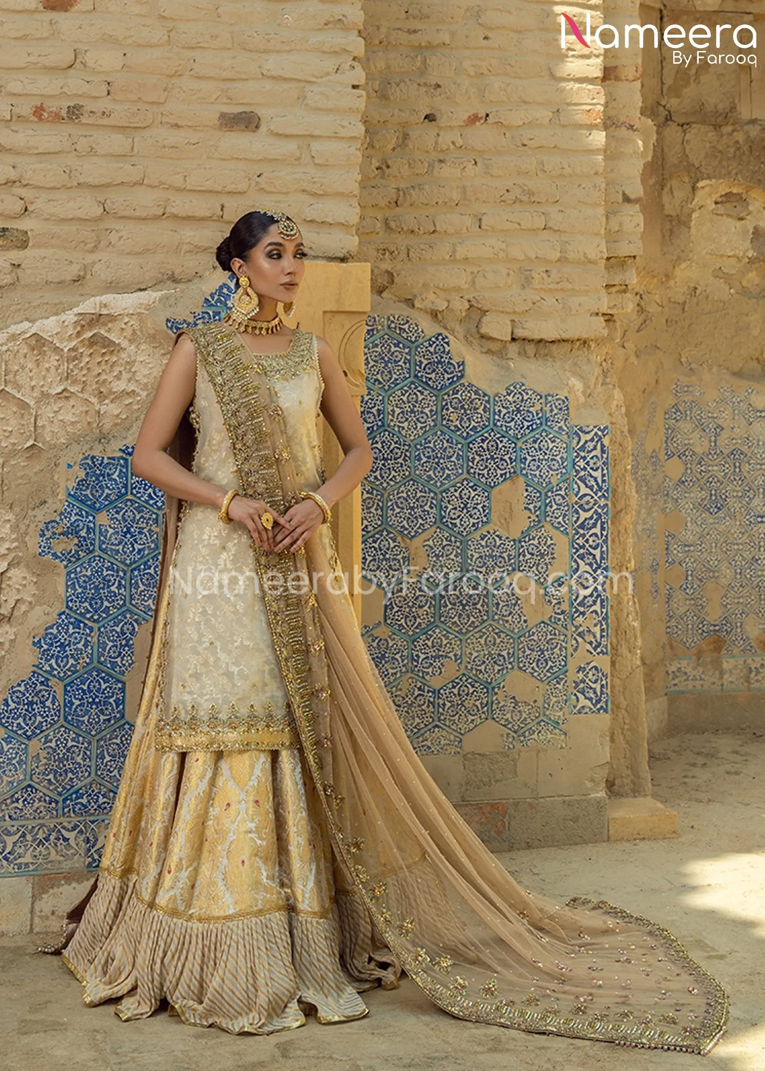 Farshi Gharara and Kameez Dupatta in Ivory Gold #BS669