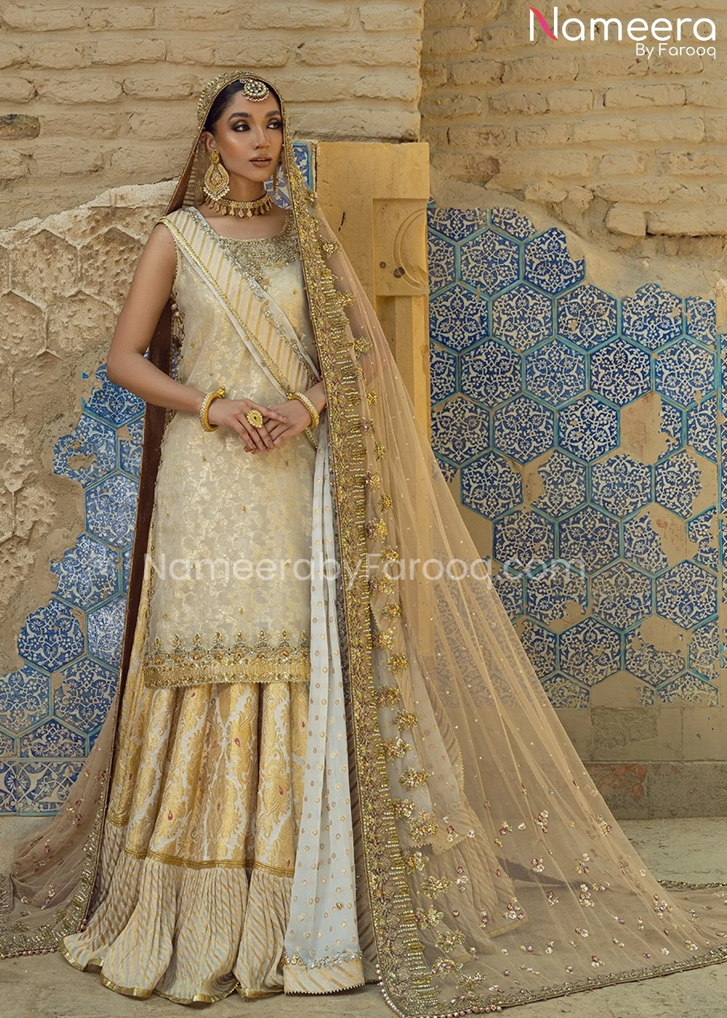 Farshi Gharara and Kameez Dupatta in Ivory Gold #BS669