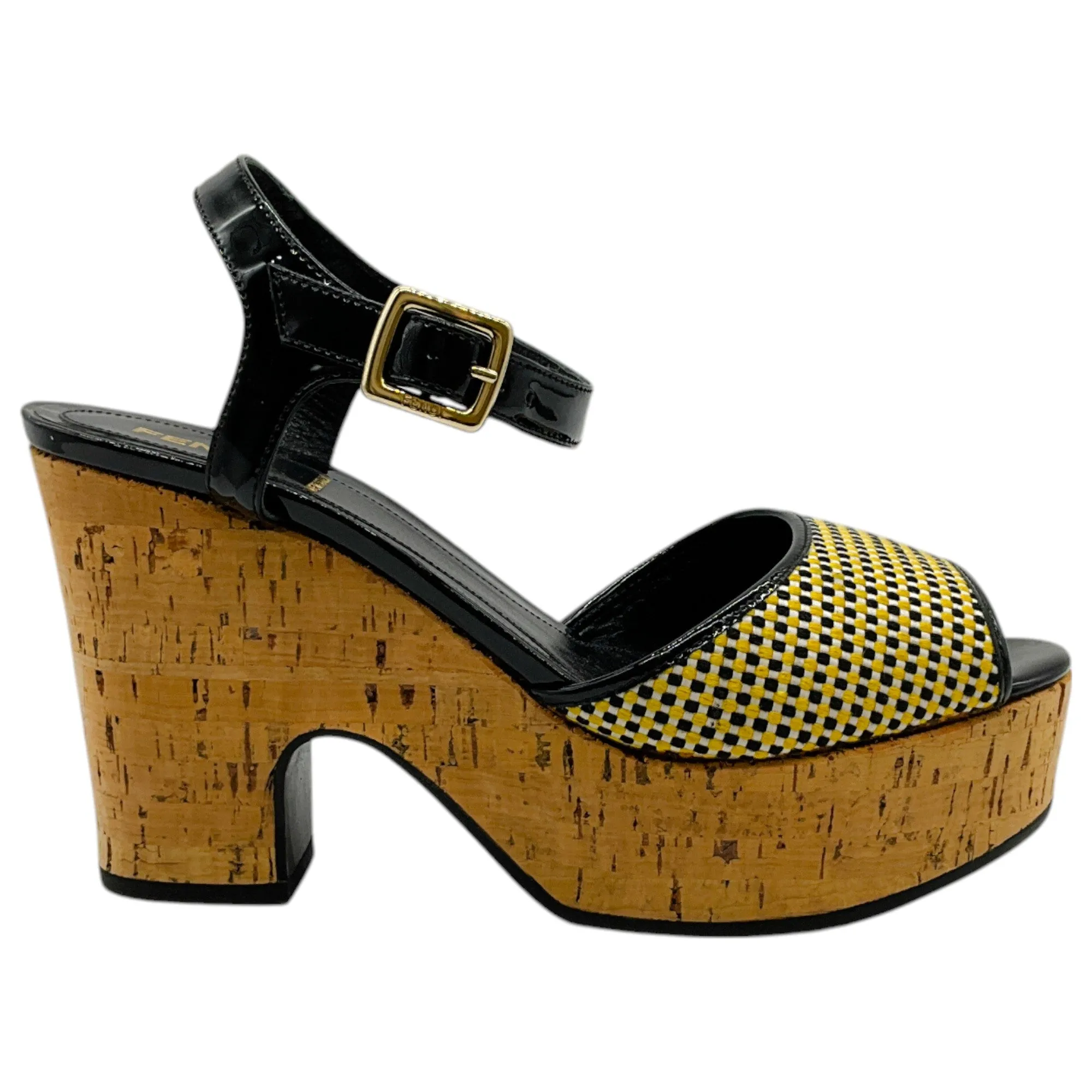 Fendi Black / Yellow Cork Wedge Sandals