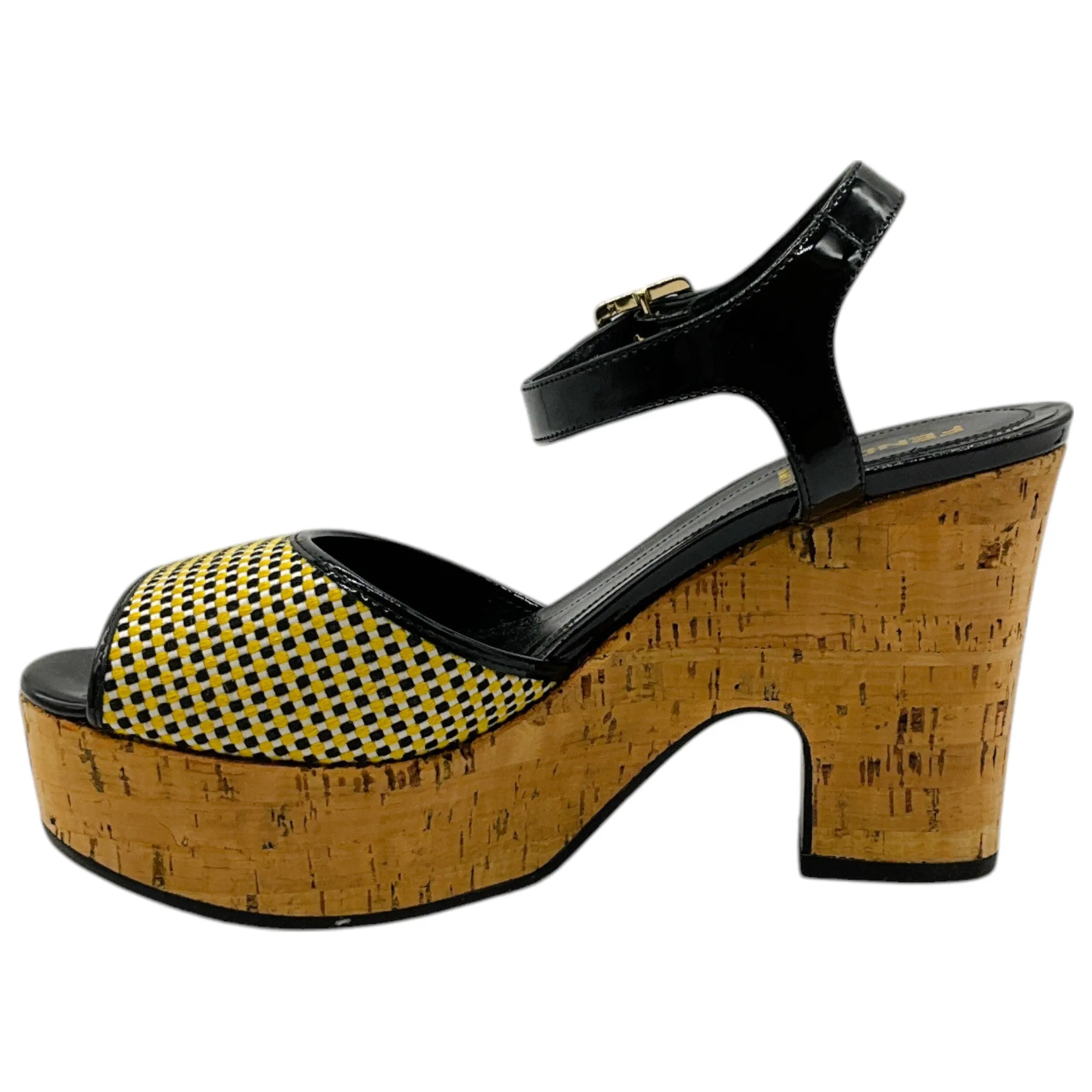Fendi Black / Yellow Cork Wedge Sandals