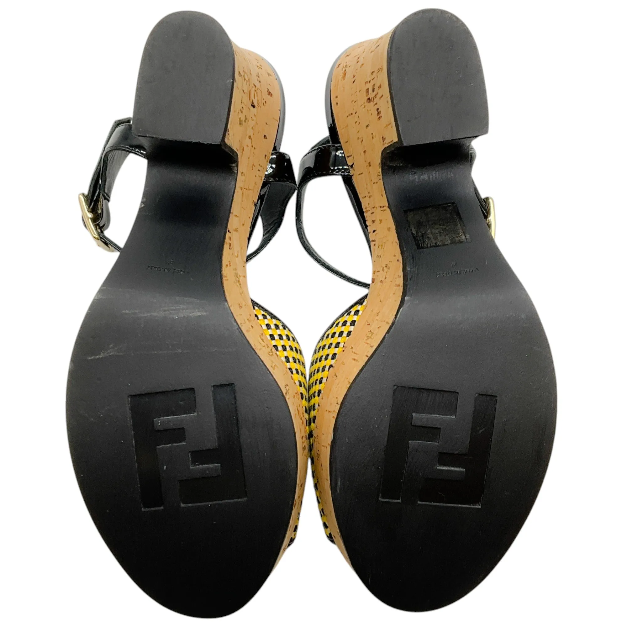 Fendi Black / Yellow Cork Wedge Sandals