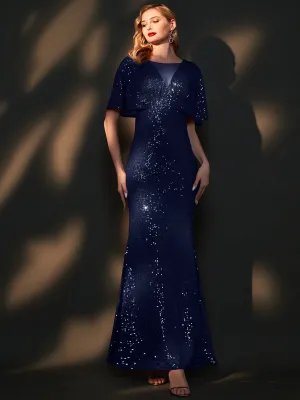 [Final Sale] Navy Blue Batwing Sleeves Sheer V-Neck Sequin Formal Gown