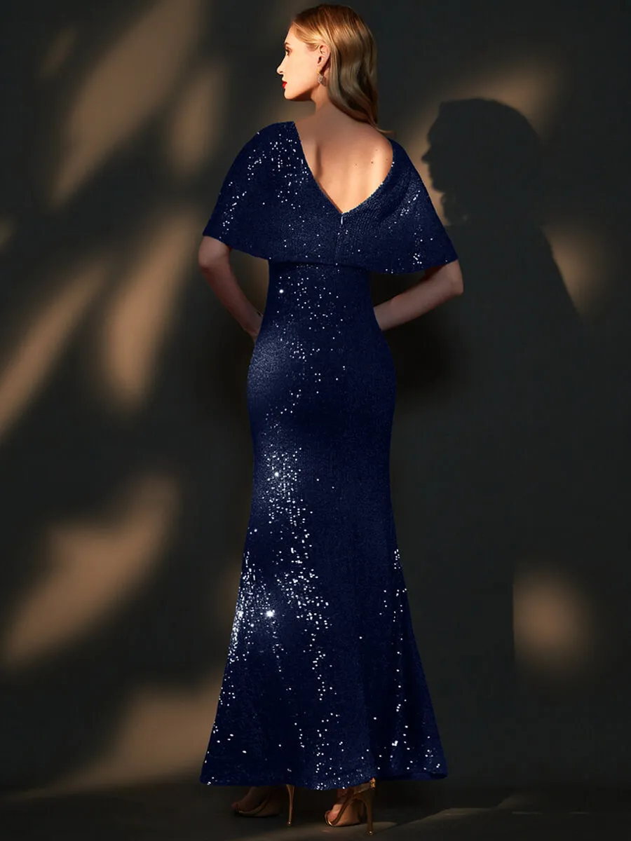 [Final Sale] Navy Blue Batwing Sleeves Sheer V-Neck Sequin Formal Gown