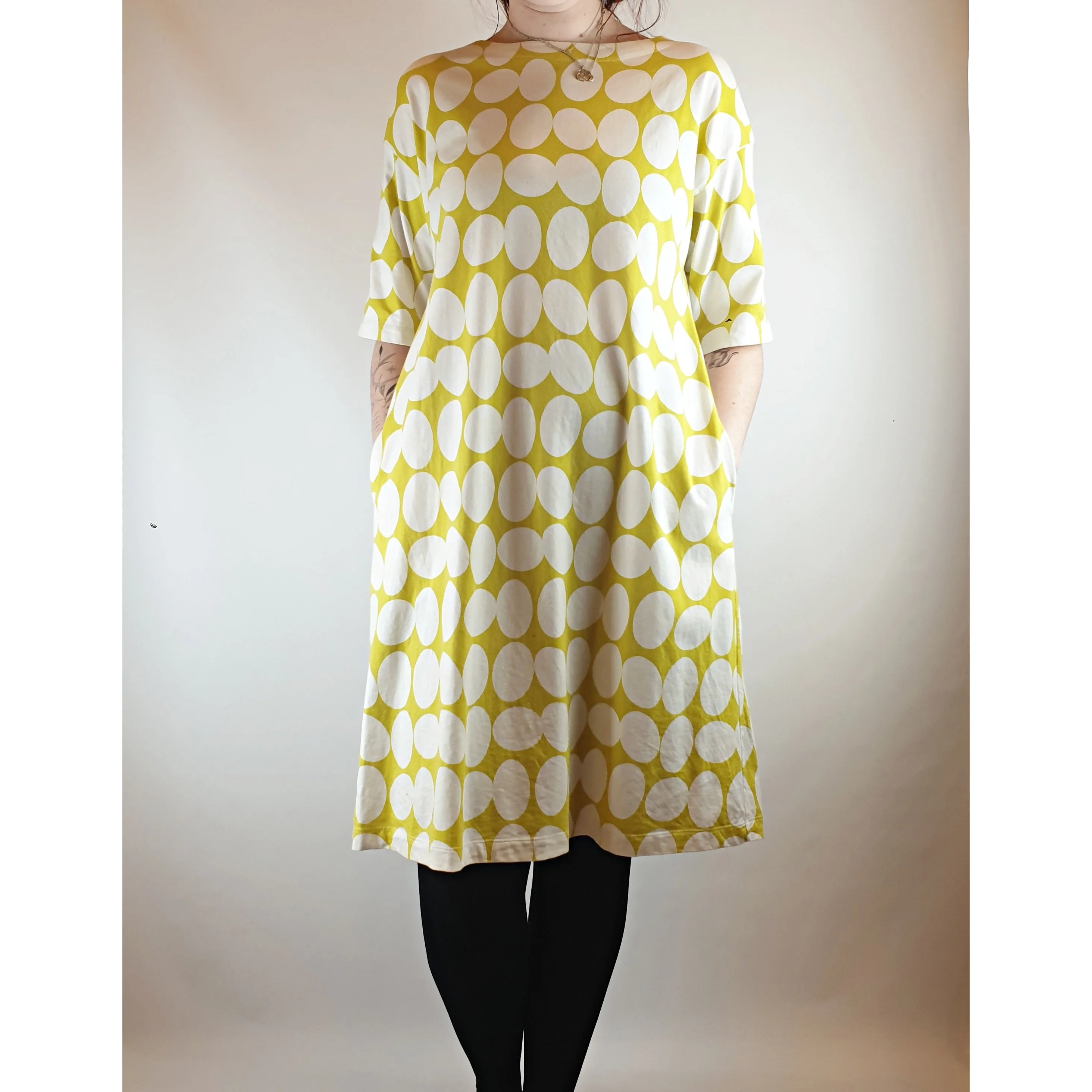 Finlayson x Uniqlo mustardy lime tee shirt dress with white polka dots size M (best fits 12)