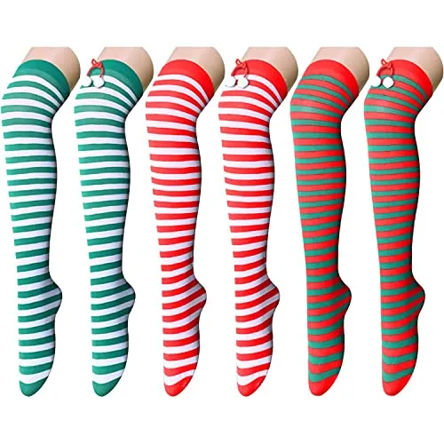 Funny Striped Thigh High Socks for Women Girls, Christmas Knee High Socks, Over the Knee Long Socks, Novelty Christmas Gifts for Her, Best Secret Santa Gifts, Xmas Gifts