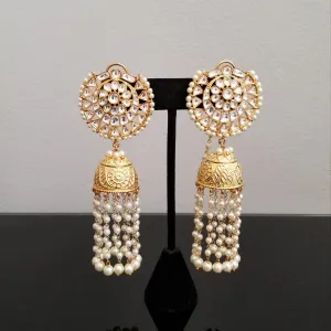 Gold Finish Long Kundan Jhumkas With Pearl Tassels