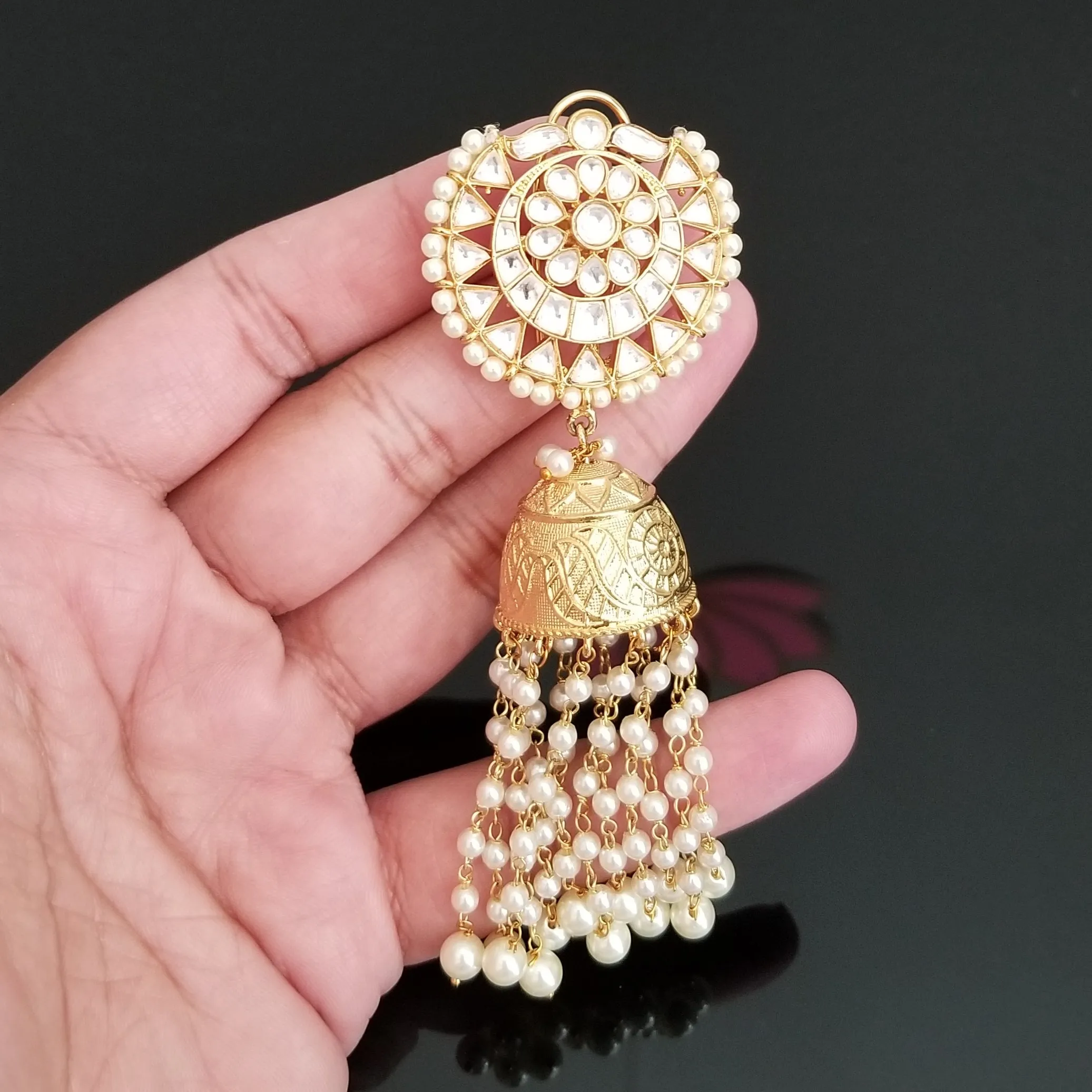 Gold Finish Long Kundan Jhumkas With Pearl Tassels