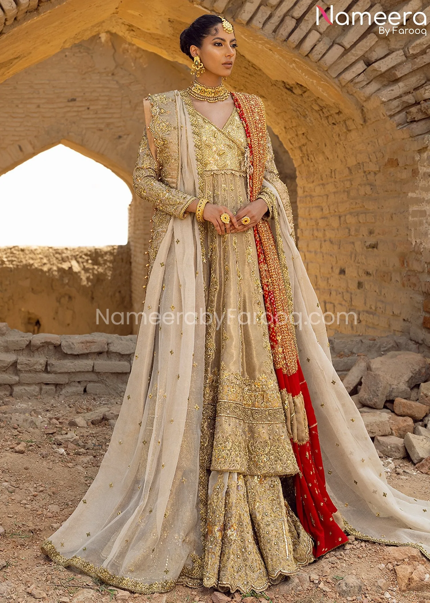 Golden Bridal Lehenga with Royal Angrakha Dress #BS664