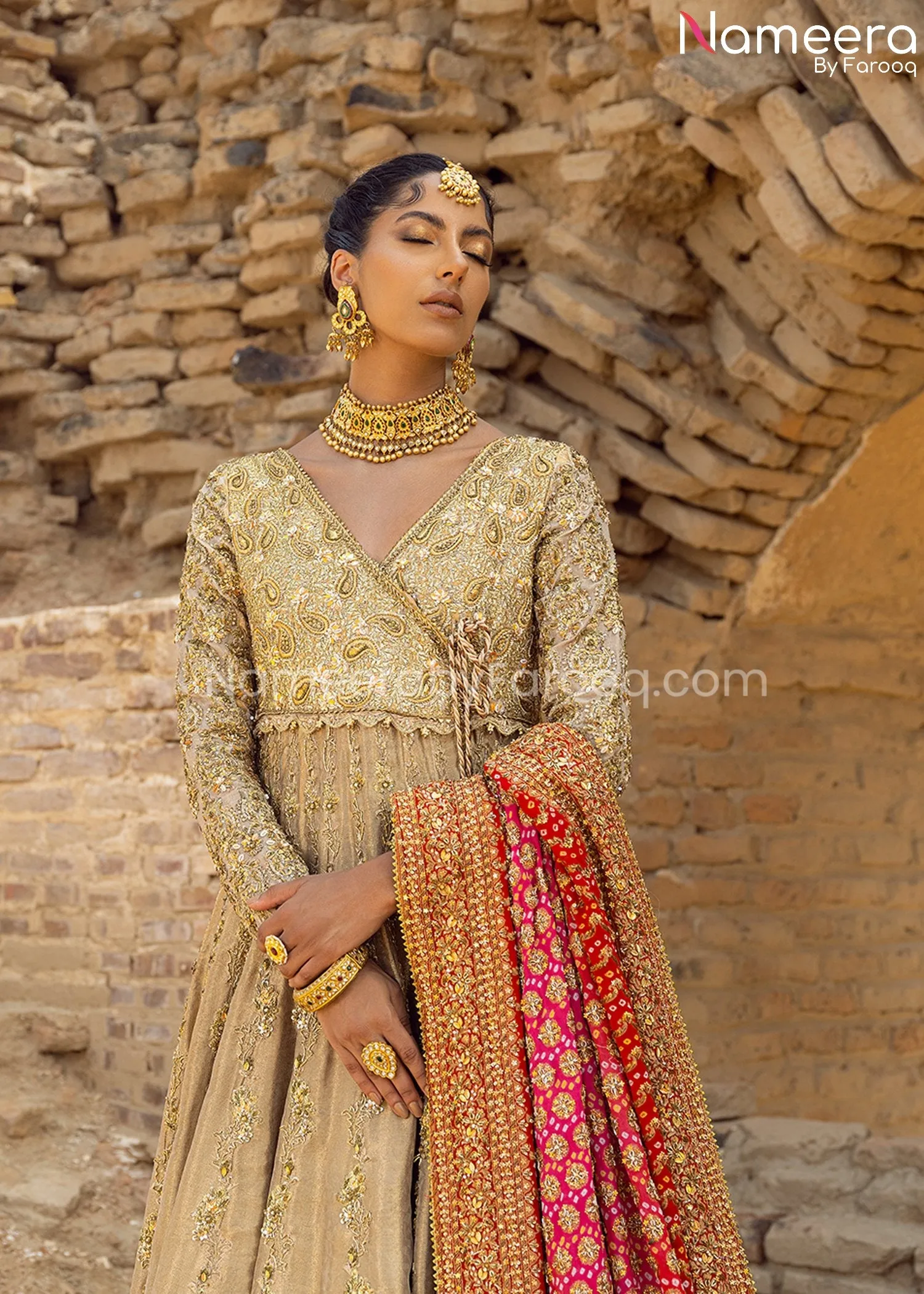 Golden Bridal Lehenga with Royal Angrakha Dress #BS664