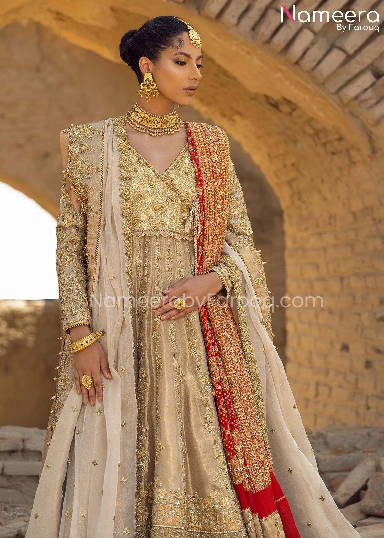 Golden Bridal Lehenga with Royal Angrakha Dress #BS664