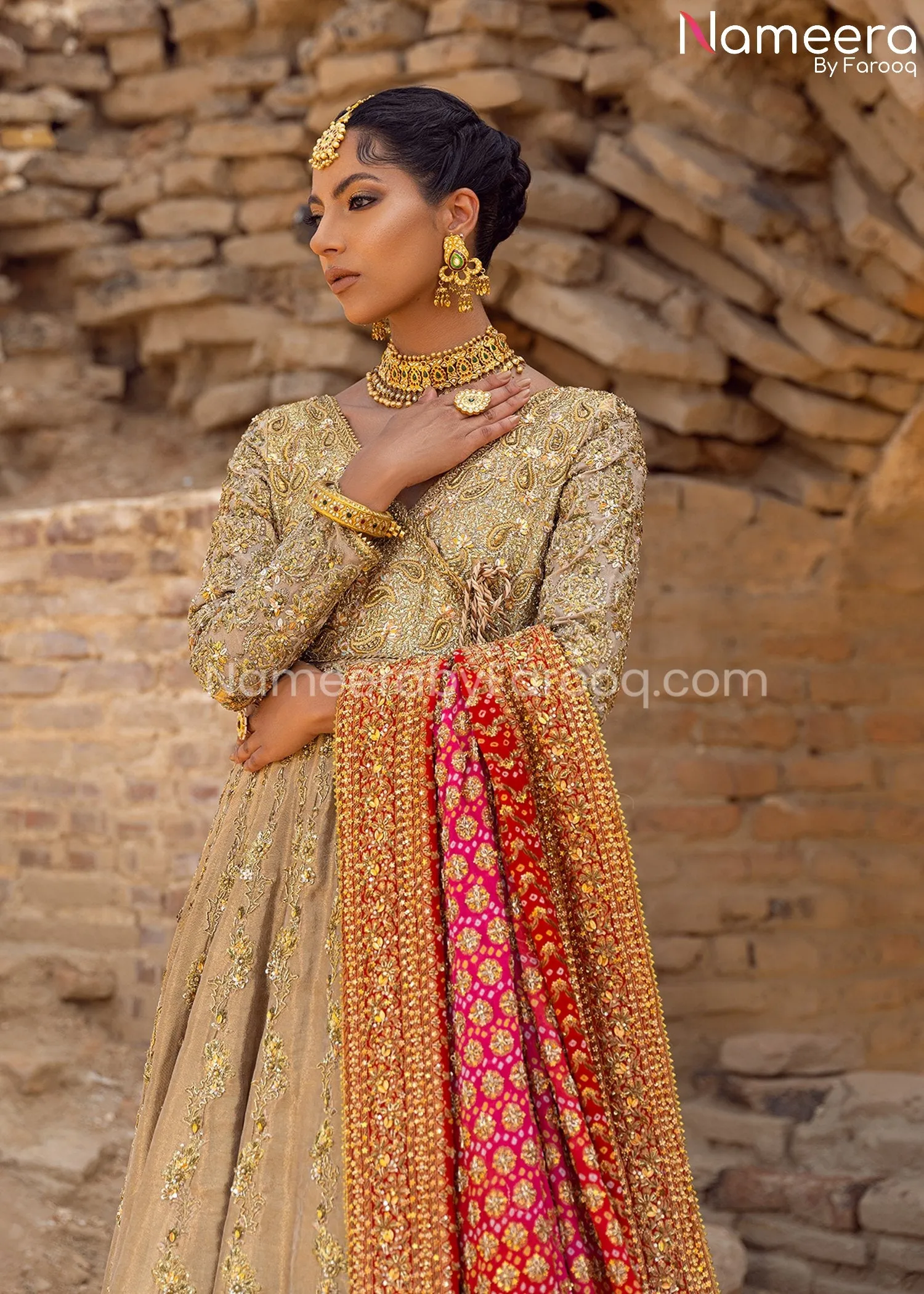 Golden Bridal Lehenga with Royal Angrakha Dress #BS664