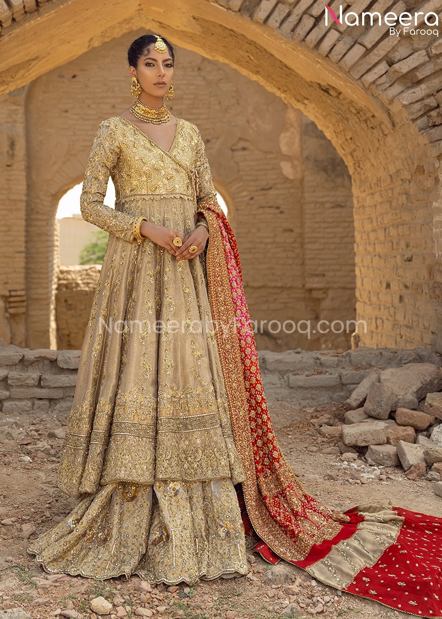 Golden Bridal Lehenga with Royal Angrakha Dress #BS664