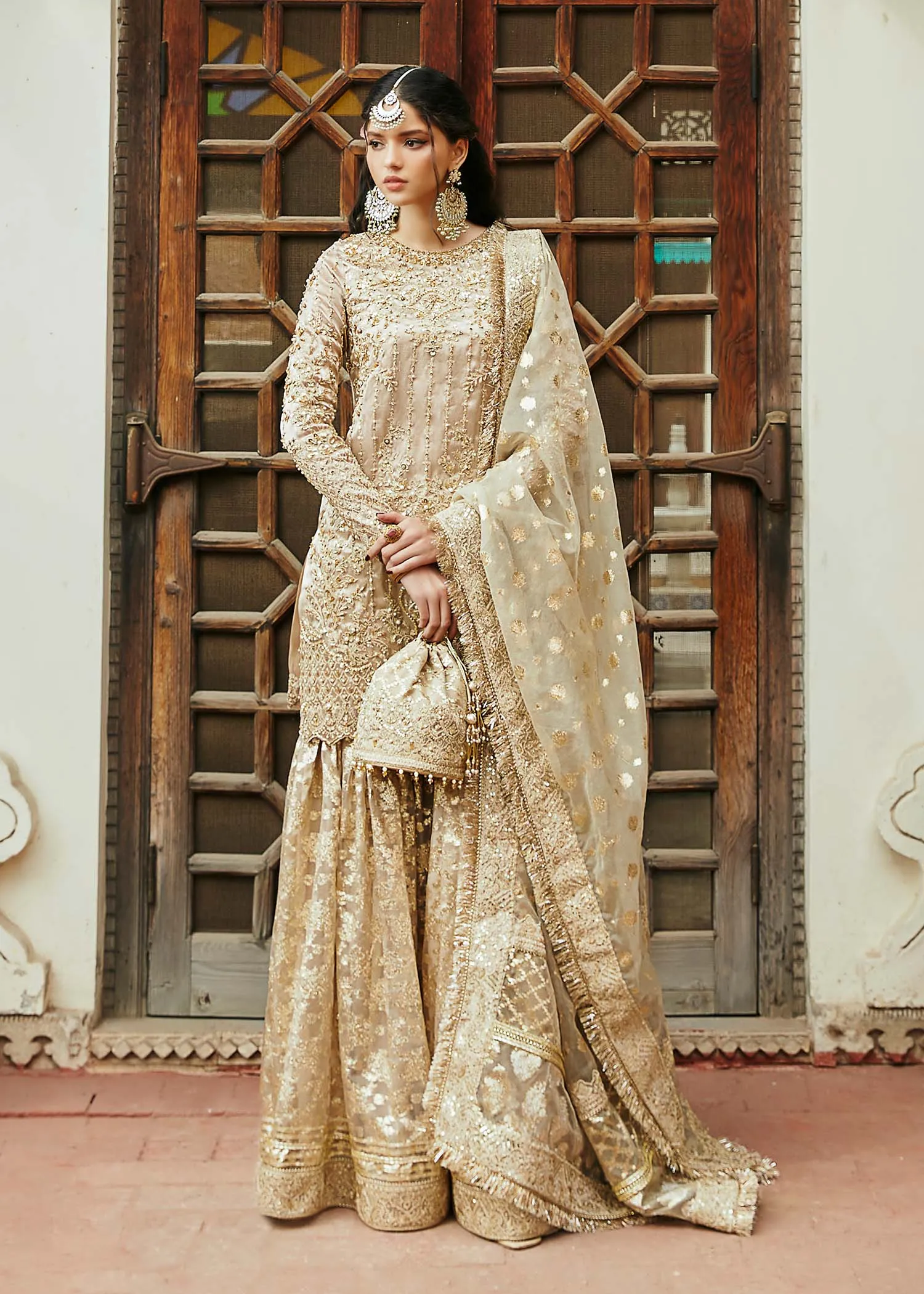 Golden Pakistani Wedding Dress in Kameez Gharara Style