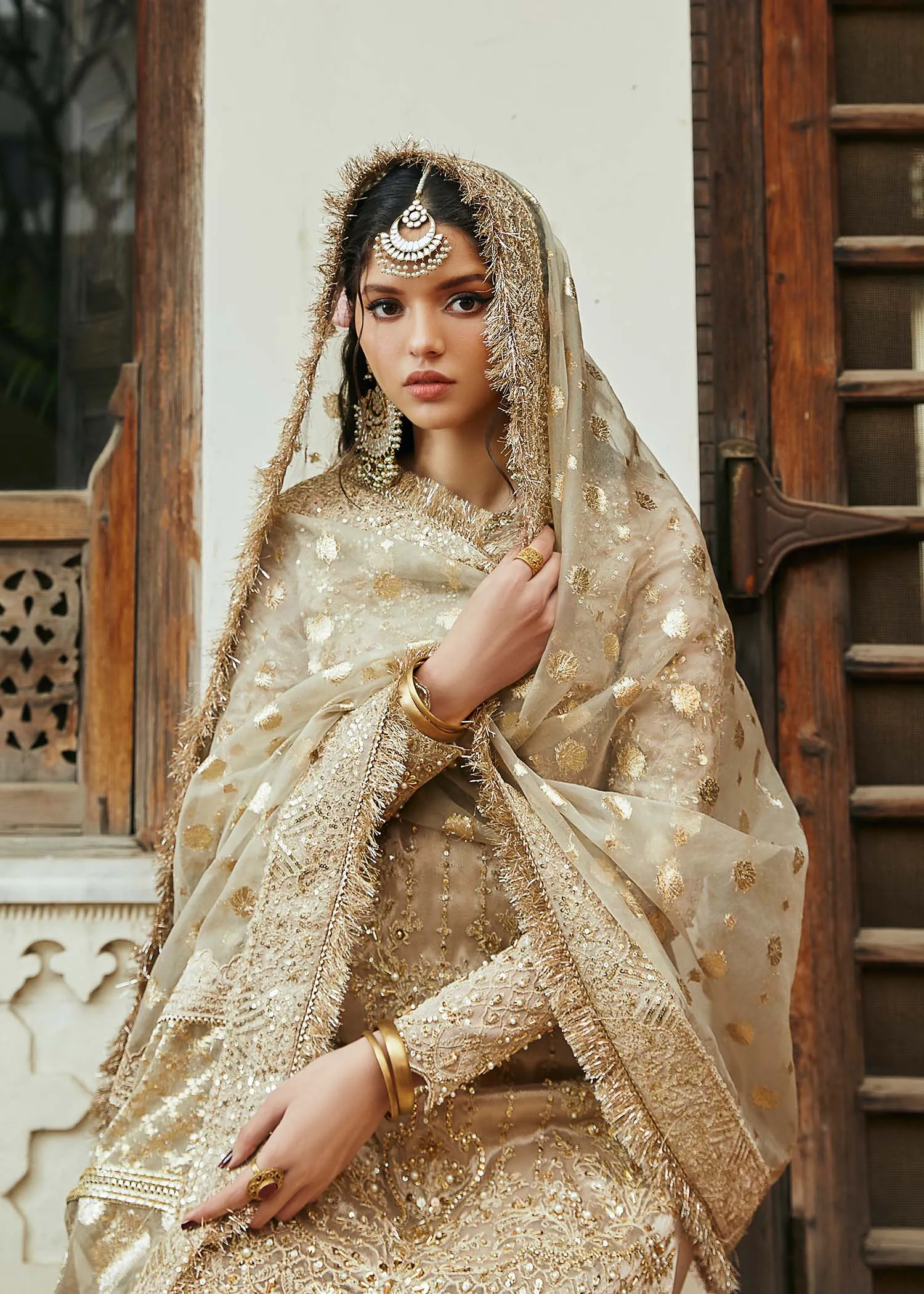 Golden Pakistani Wedding Dress in Kameez Gharara Style