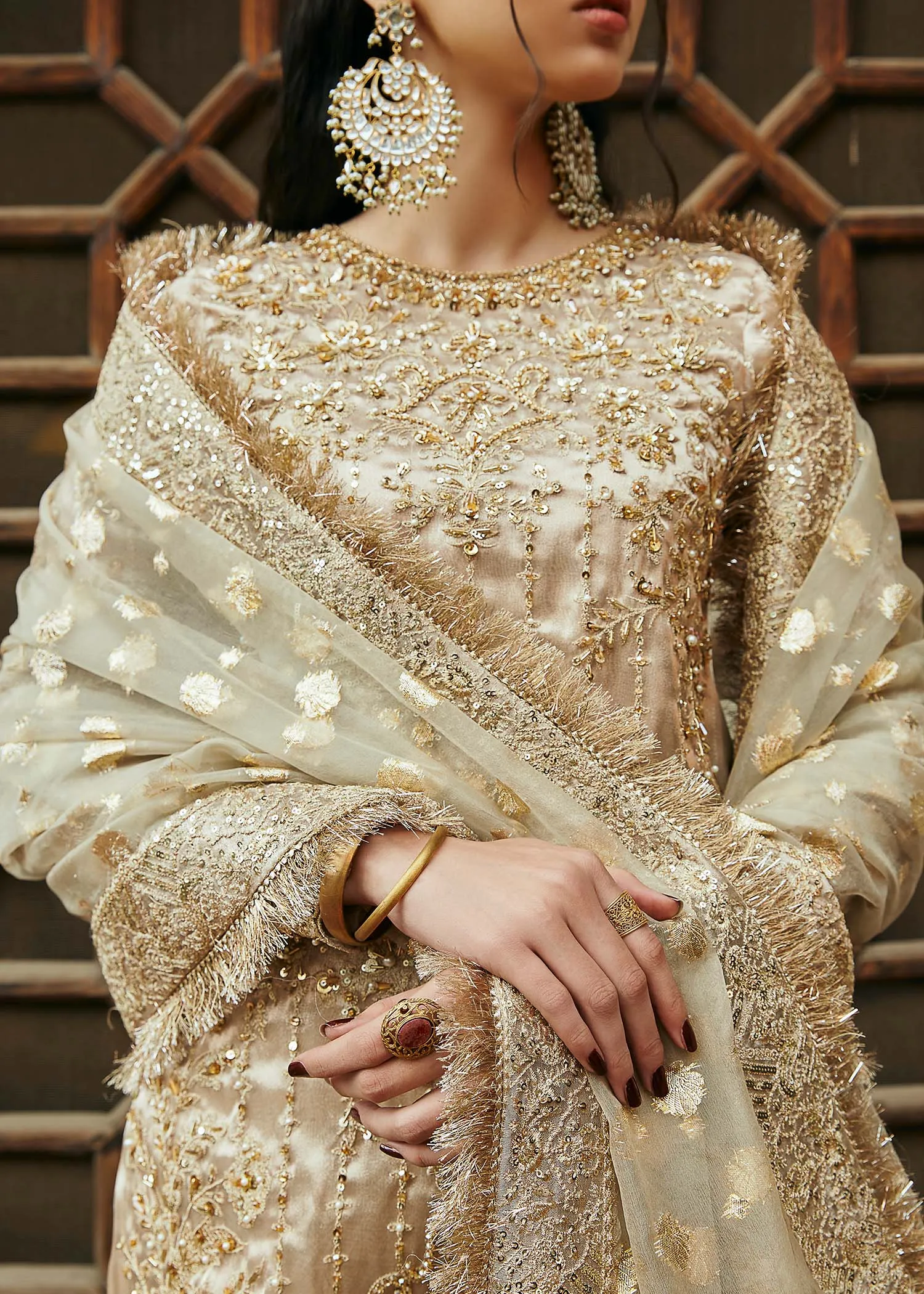 Golden Pakistani Wedding Dress in Kameez Gharara Style