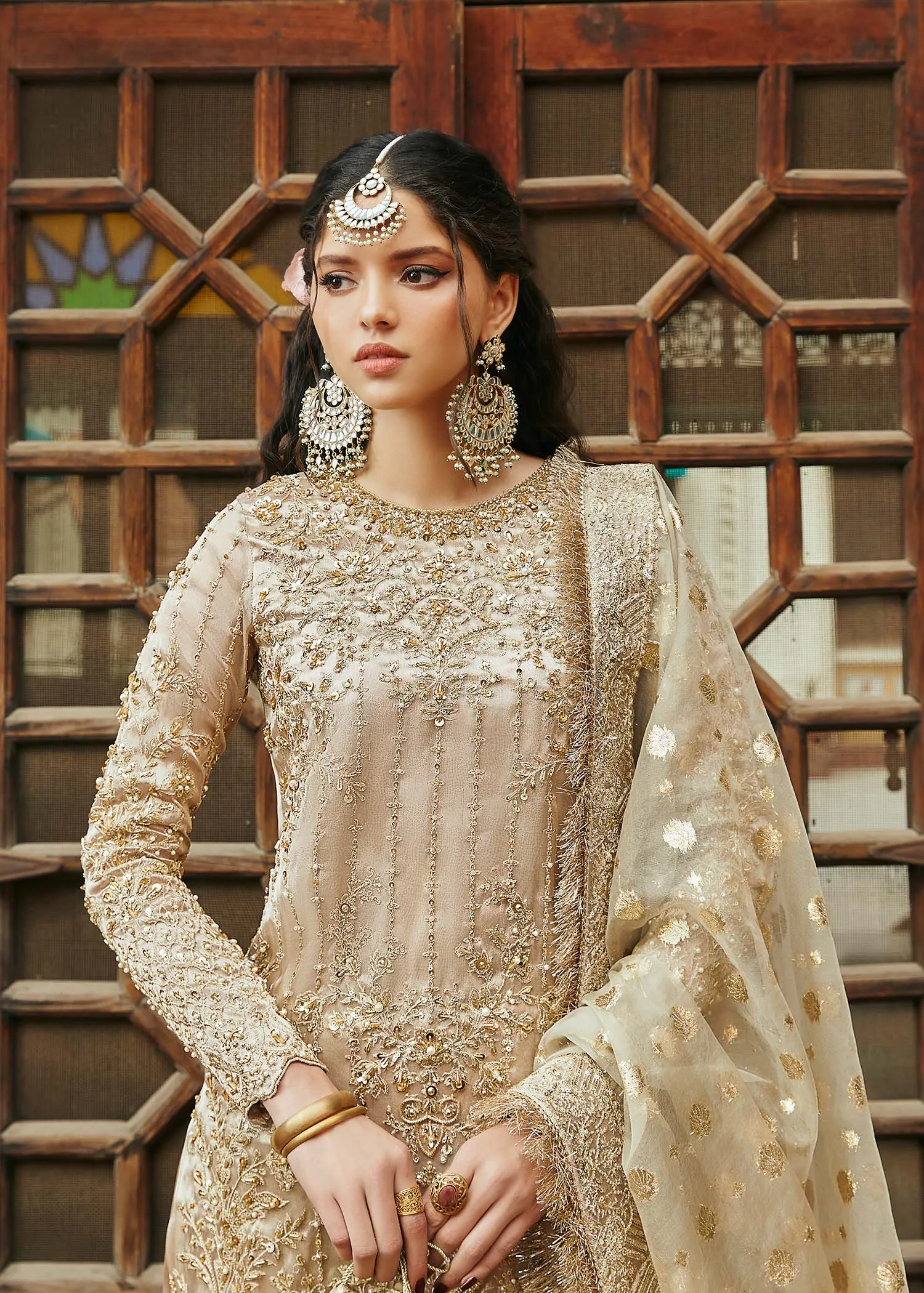 Golden Pakistani Wedding Dress in Kameez Gharara Style