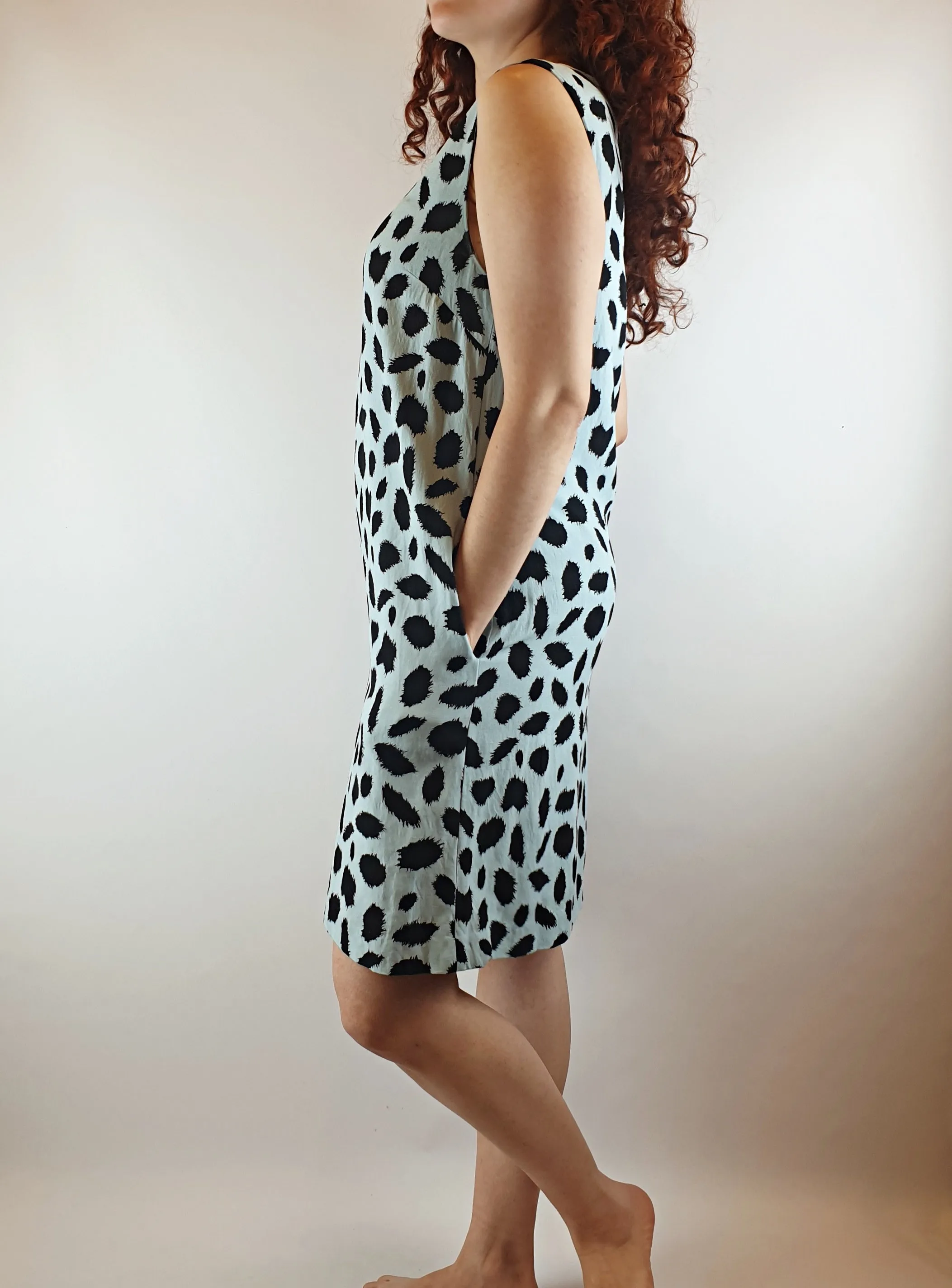 Gorman blue sleeveless dress with black animal print-like splodge print size 10