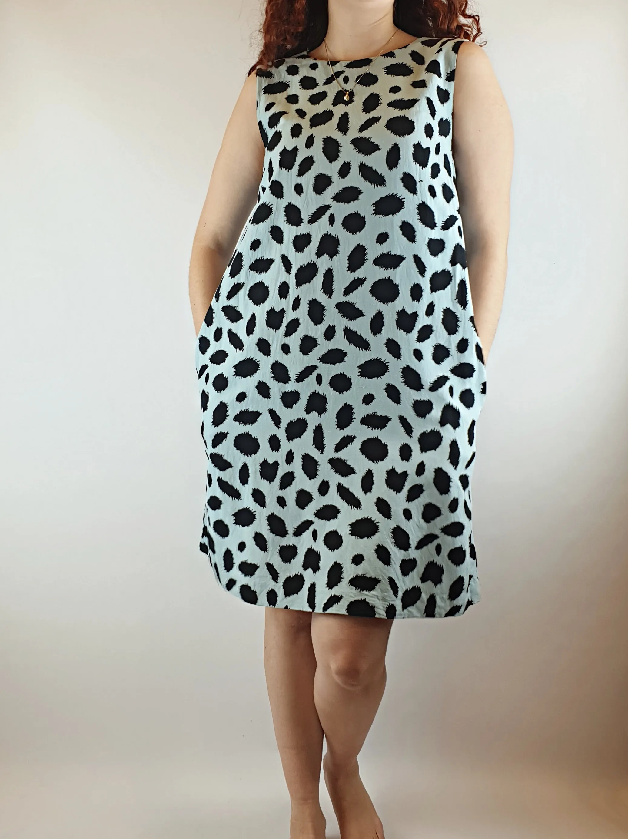 Gorman blue sleeveless dress with black animal print-like splodge print size 10