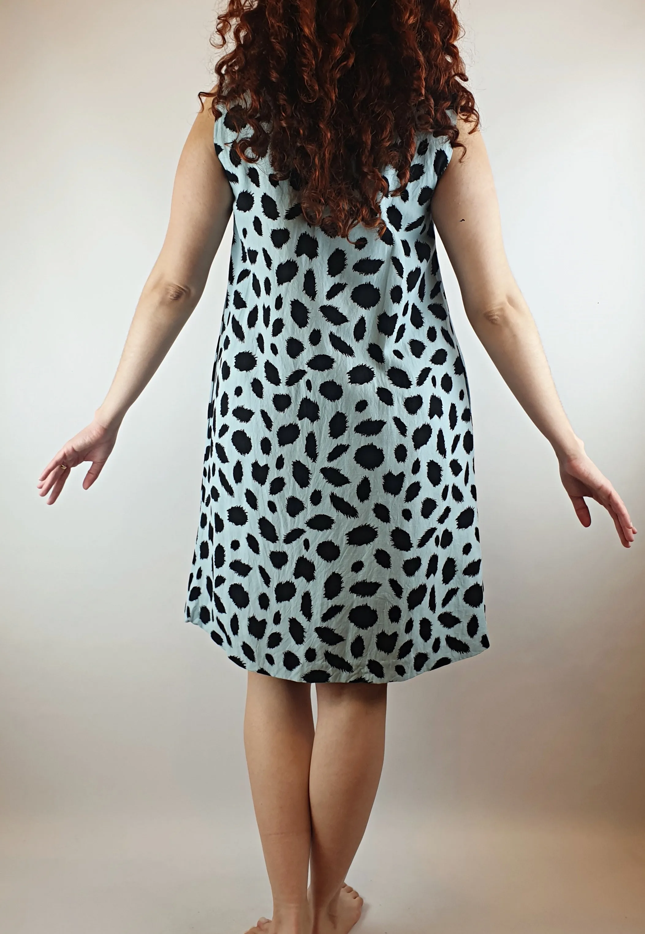 Gorman blue sleeveless dress with black animal print-like splodge print size 10