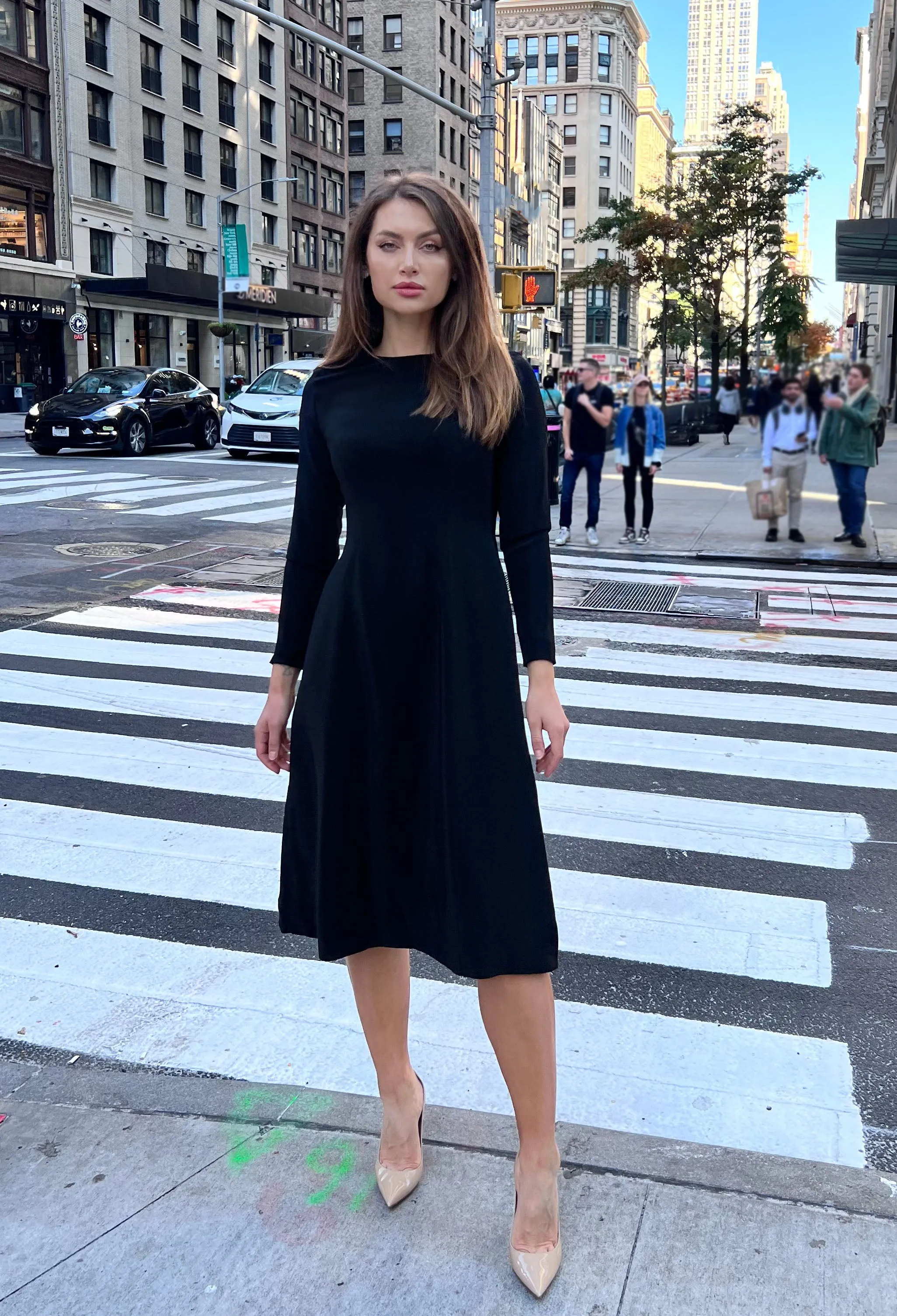 Grace Blue Midi Dress with Long Sleeves
