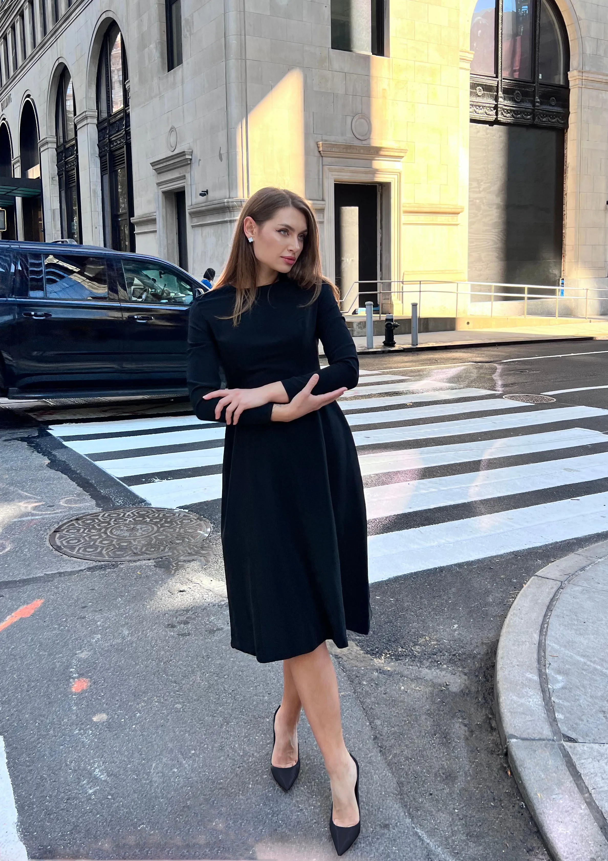 Grace Blue Midi Dress with Long Sleeves