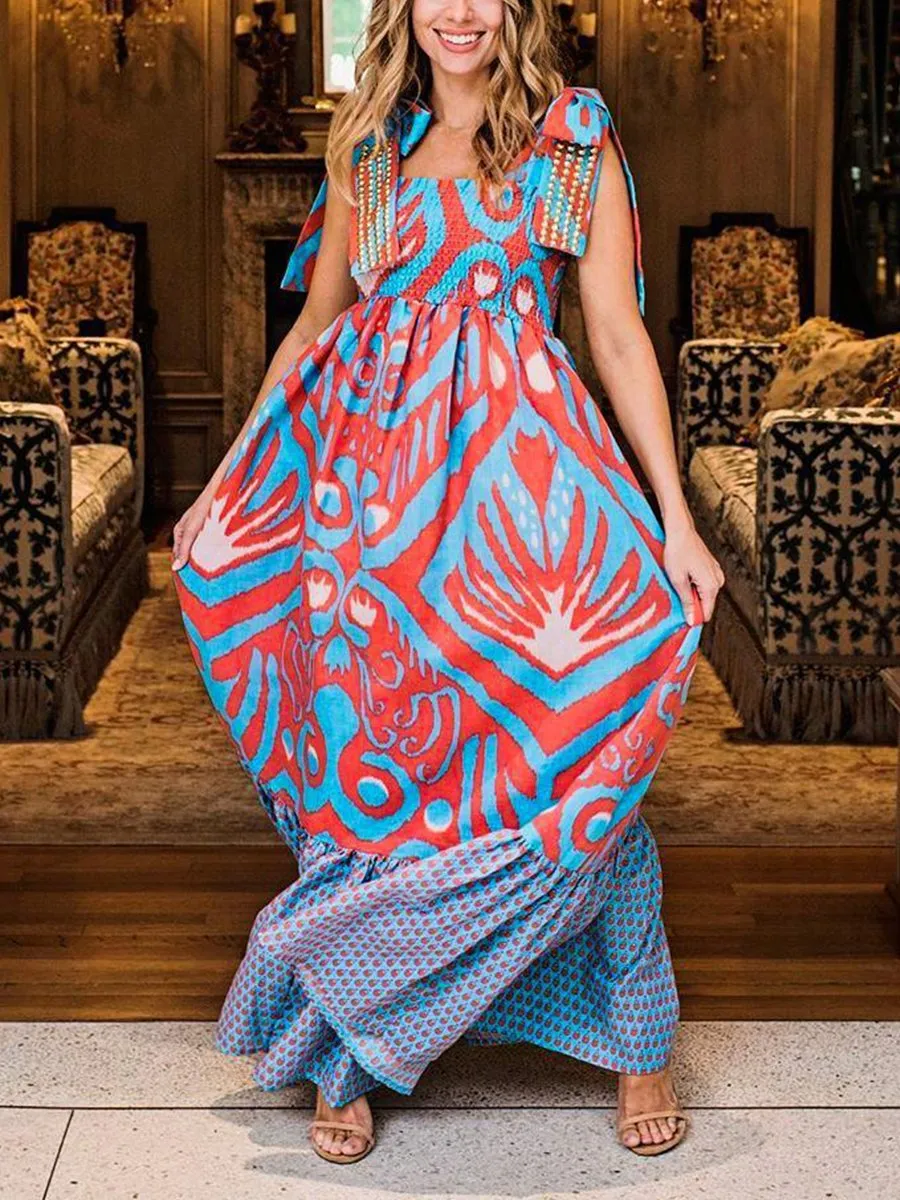 Graphic Print Loose Knotted Maxi Dress