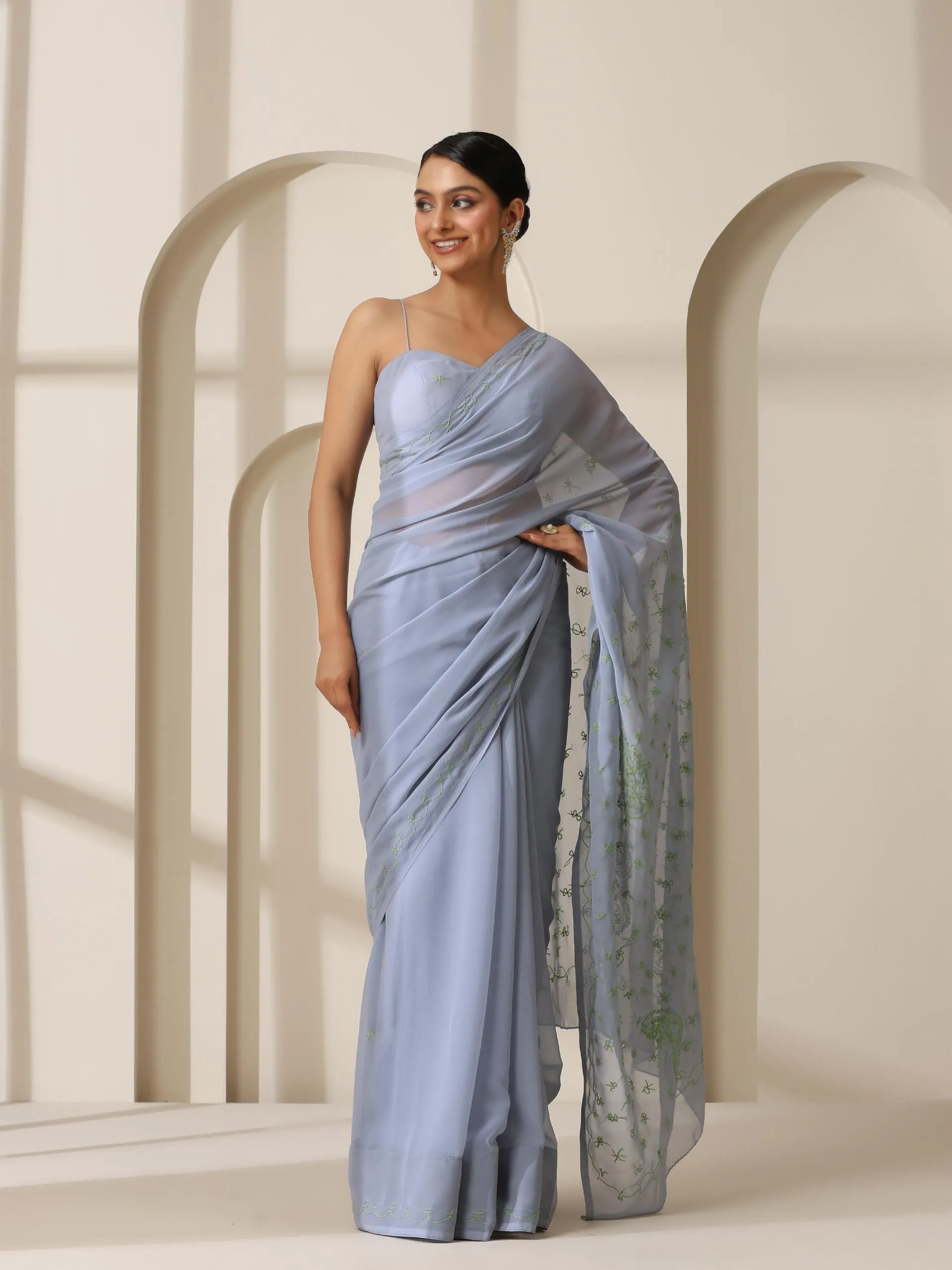 Gray Rahet Hand Chikankari Saree with Blouse Fabric