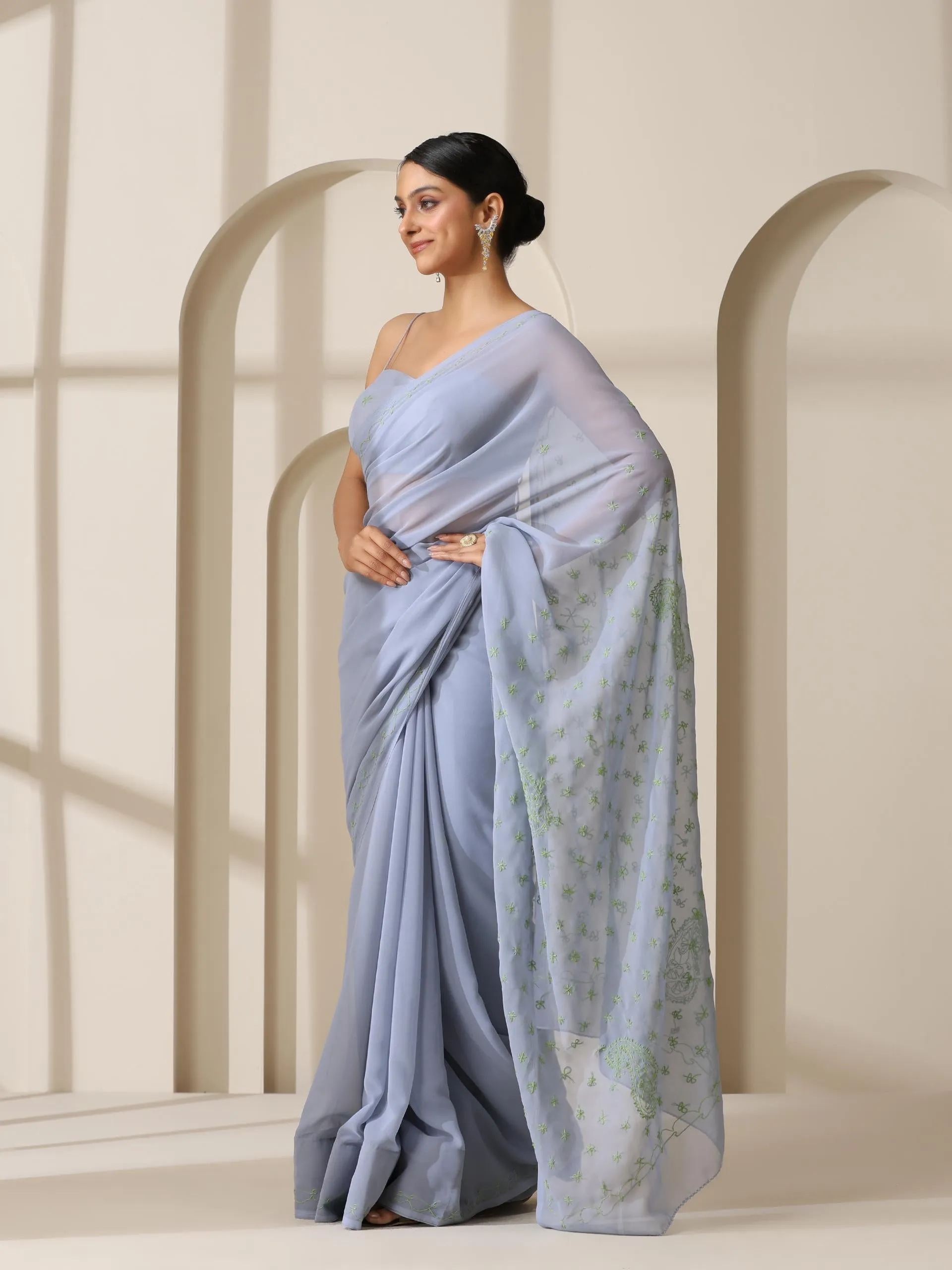 Gray Rahet Hand Chikankari Saree with Blouse Fabric