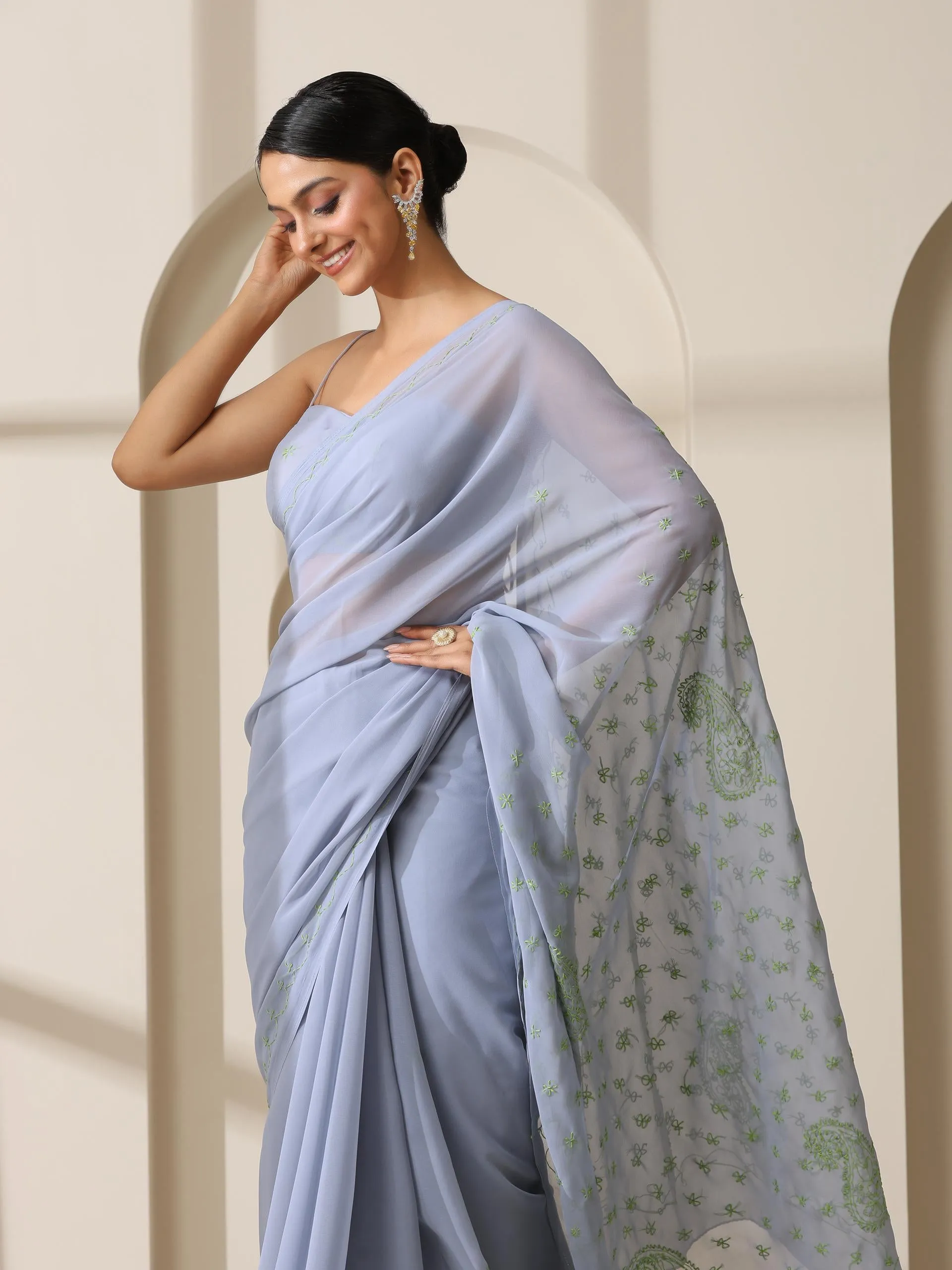 Gray Rahet Hand Chikankari Saree with Blouse Fabric