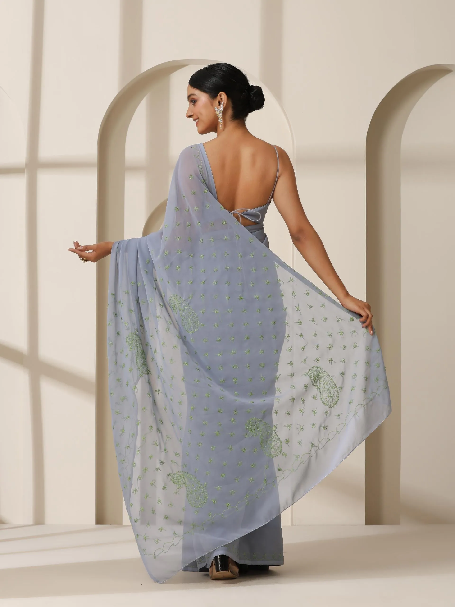 Gray Rahet Hand Chikankari Saree with Blouse Fabric