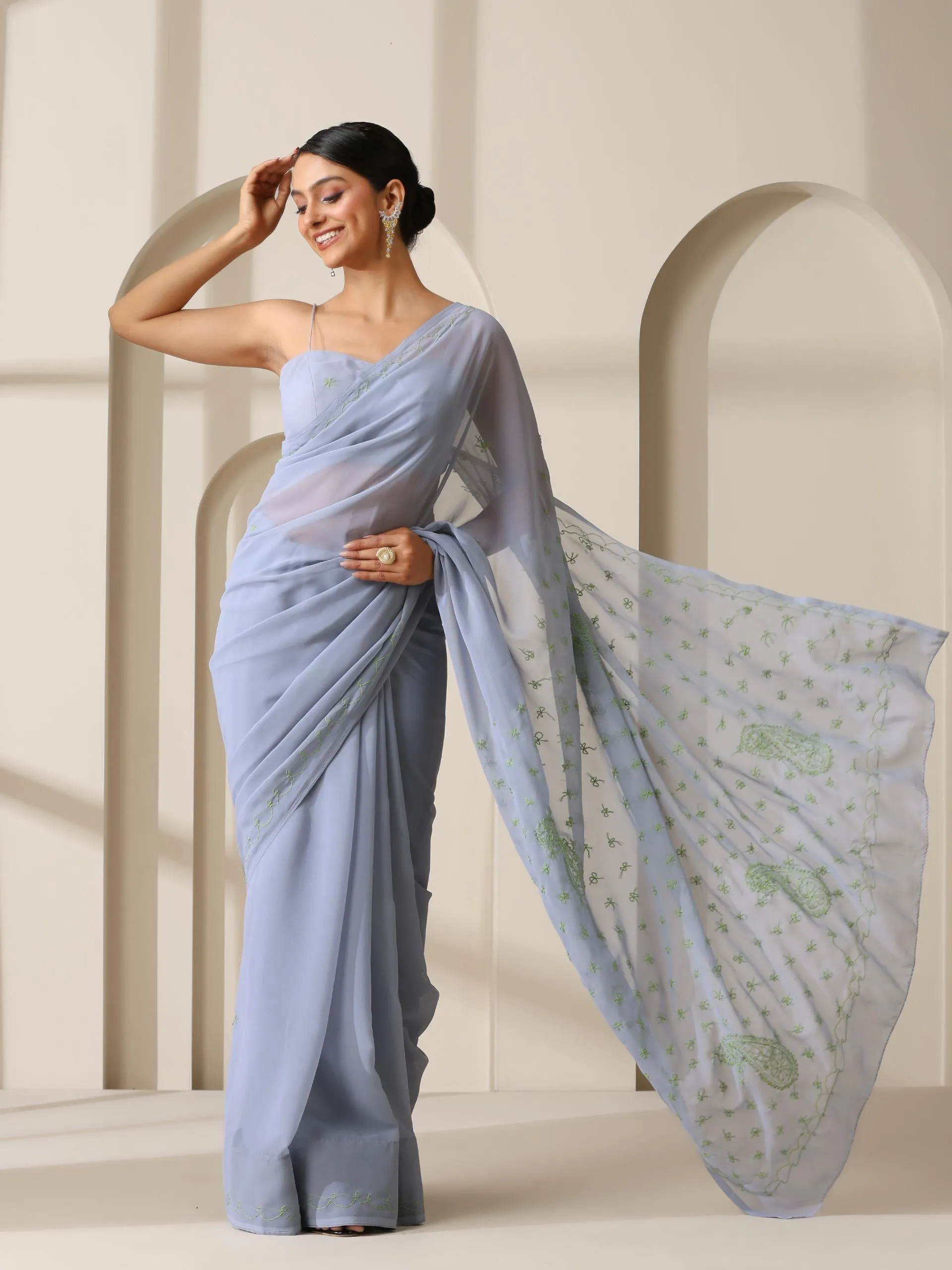 Gray Rahet Hand Chikankari Saree with Blouse Fabric