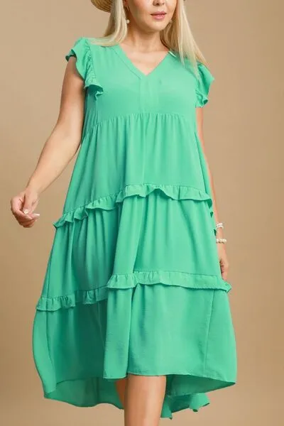 Green Ruffle Tiered Cap Sleeve Midi Dress