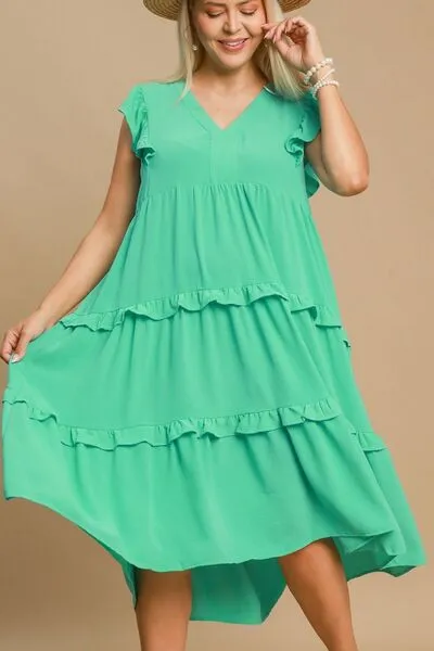 Green Ruffle Tiered Cap Sleeve Midi Dress