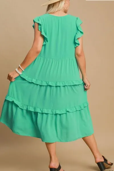 Green Ruffle Tiered Cap Sleeve Midi Dress