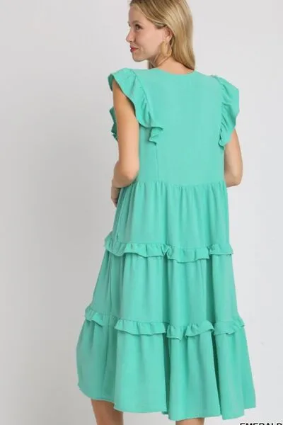 Green Ruffle Tiered Cap Sleeve Midi Dress
