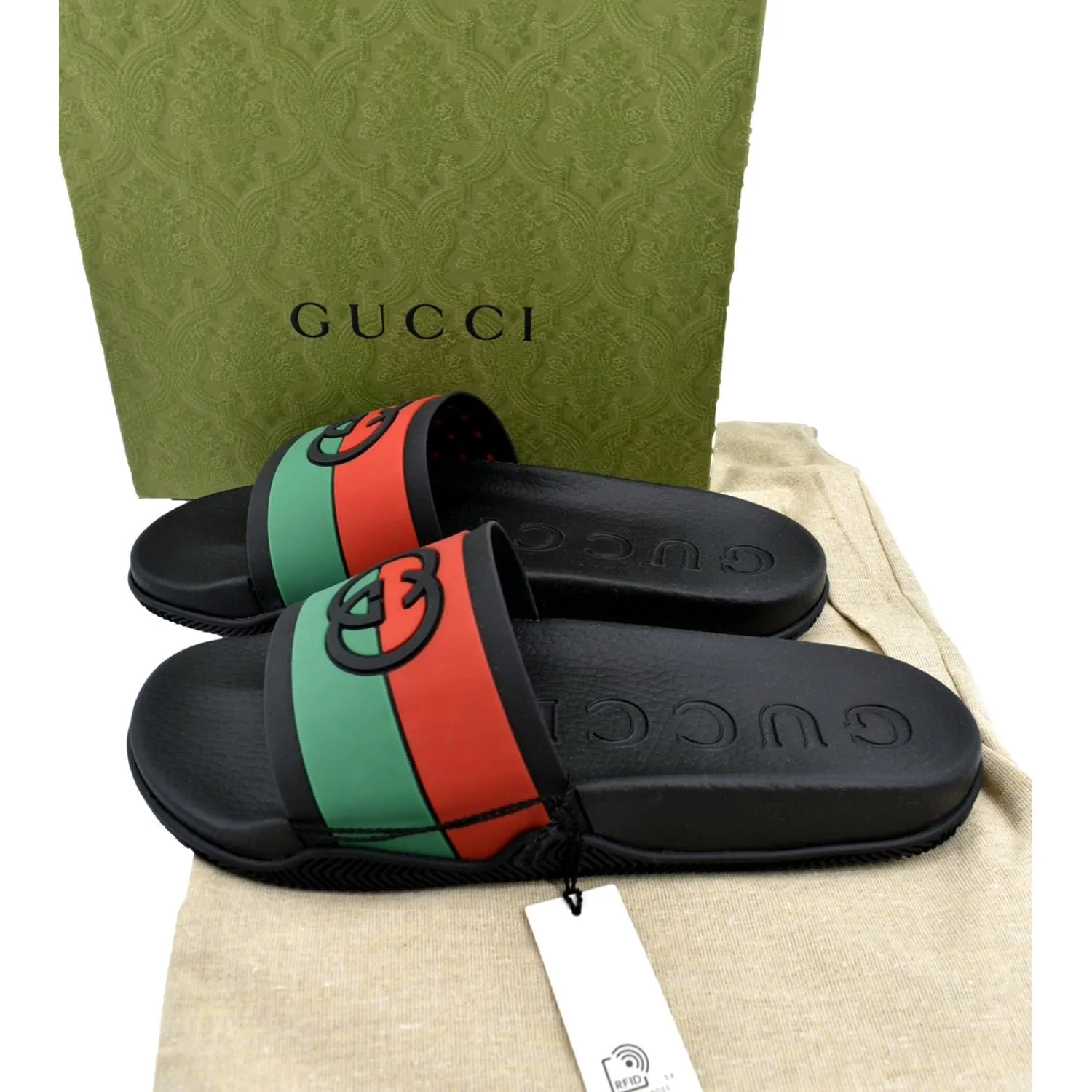 GUCCI Interlocking G Rubber Slides Sandals Black 655265 Size 11