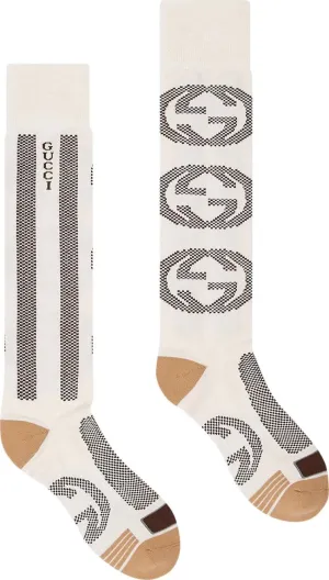 Gucci Interlocking GG Houndstooth Knee High Sock in Neutral Tones