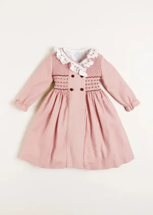 Hand Smocked Double Breasted Long Sleeve Dress in Pink (12mths-10yrs)