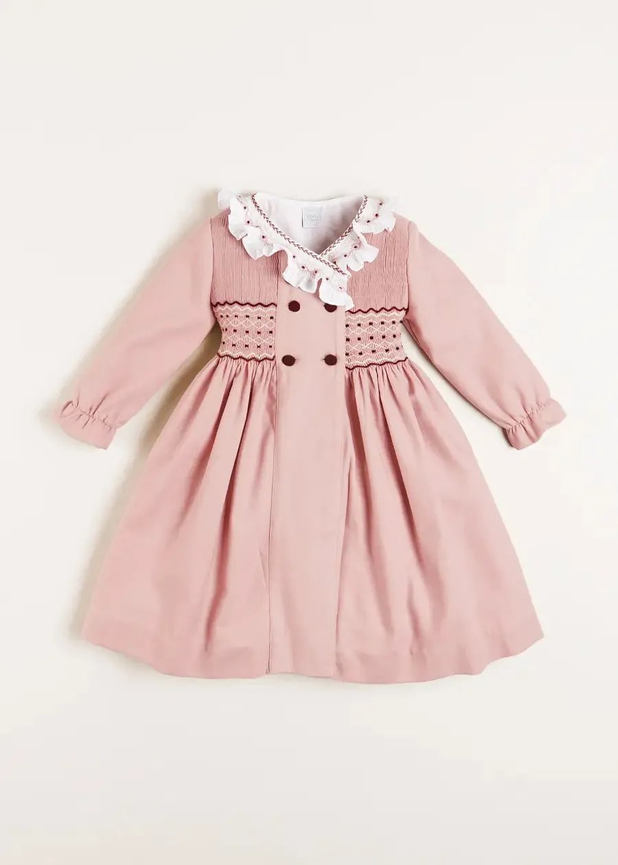 Hand Smocked Double Breasted Long Sleeve Dress in Pink (12mths-10yrs)