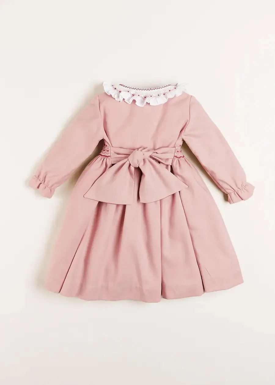 Hand Smocked Double Breasted Long Sleeve Dress in Pink (12mths-10yrs)