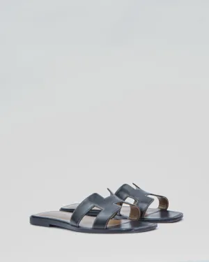 Hermes Black Leather Contrast Stitching Oran Sandals - 38.5