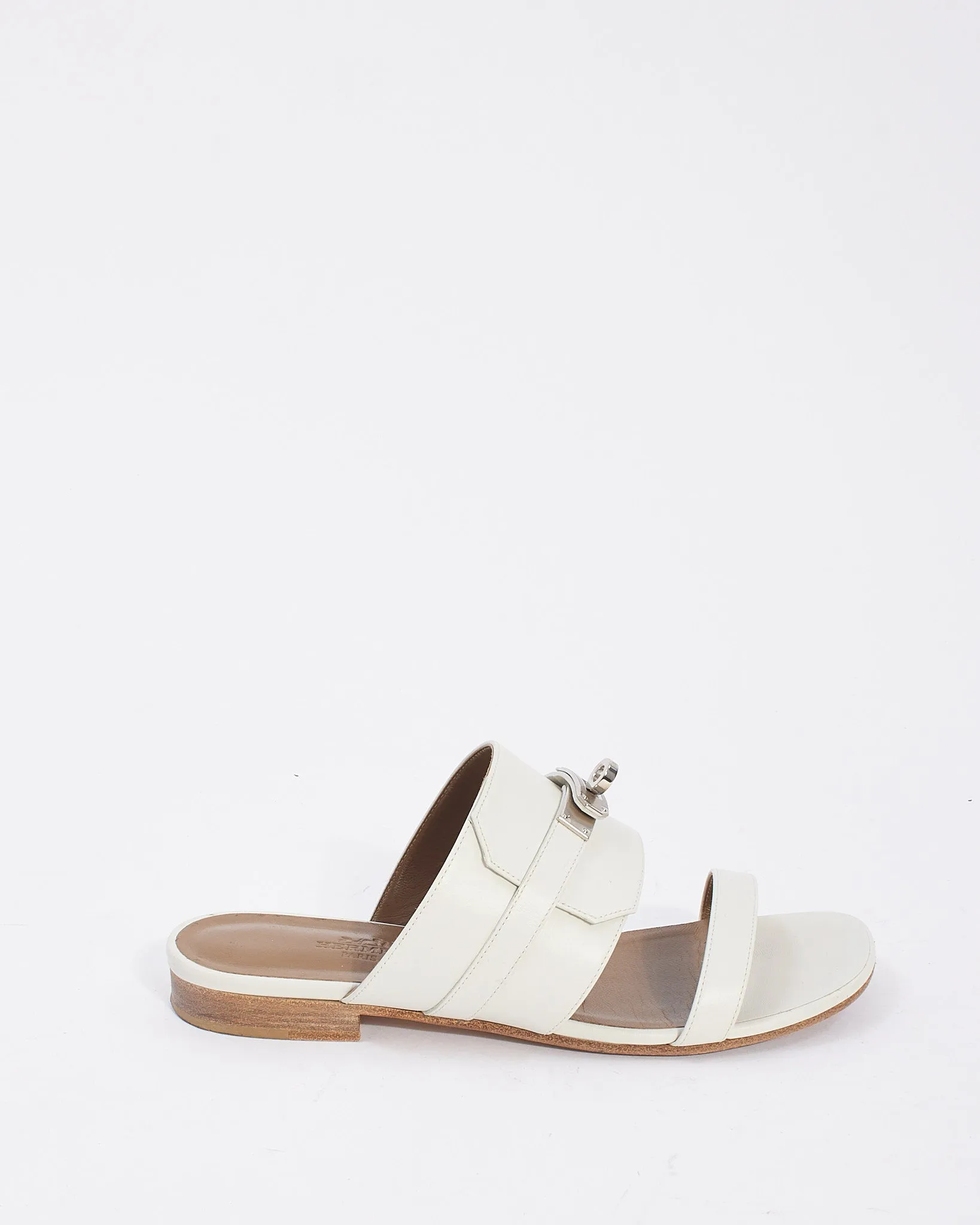 Hermès White Leather Avenue Kelly Flat Sandals - 37