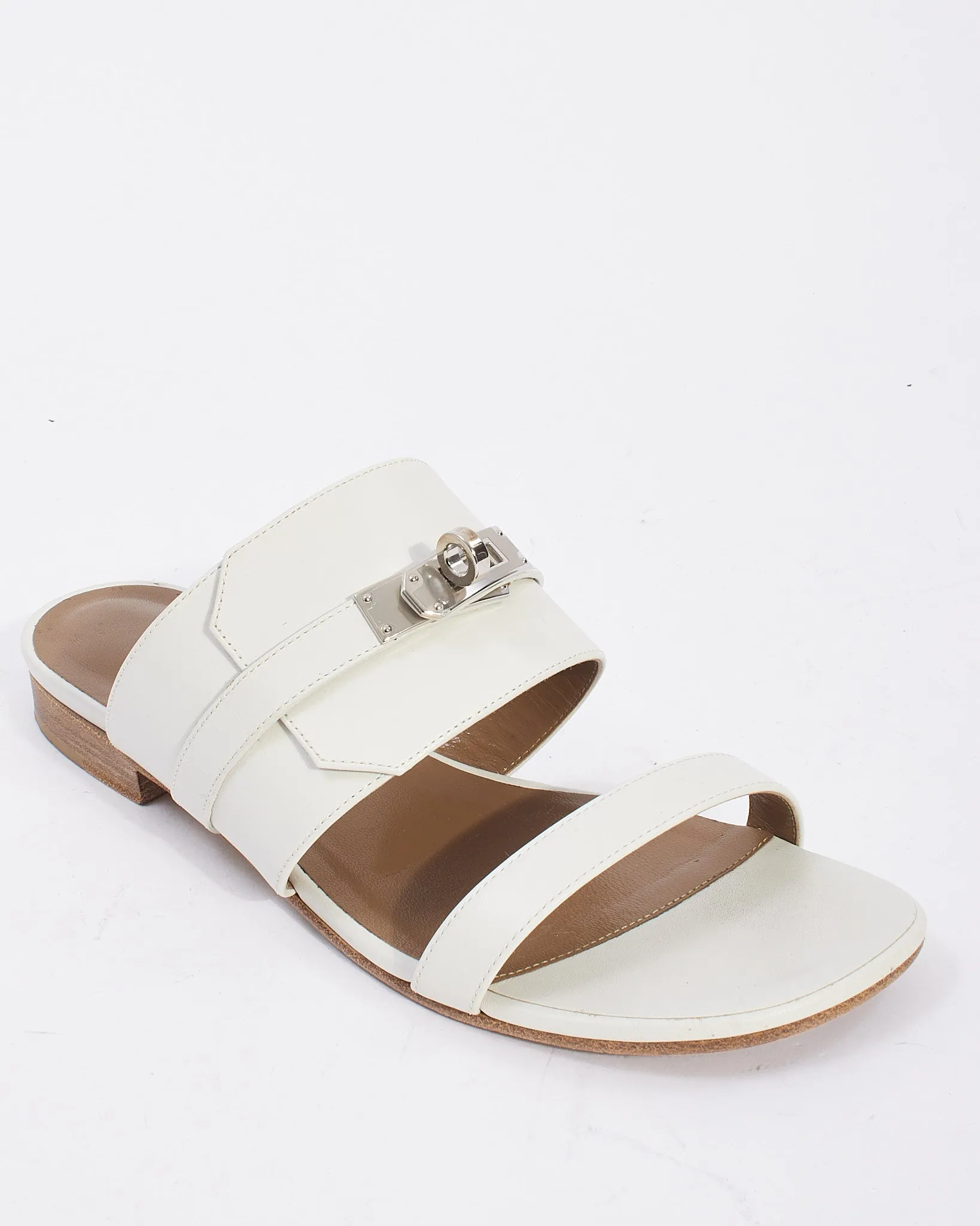 Hermès White Leather Avenue Kelly Flat Sandals - 37