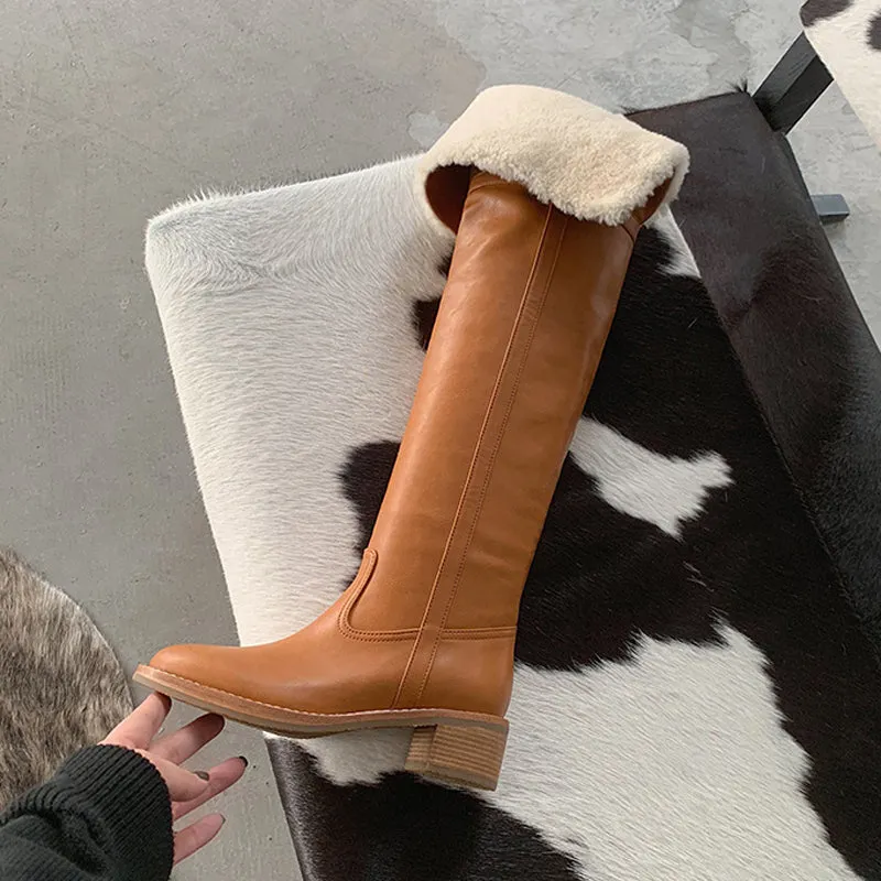 Hot Wool Over the Knee Boots Women Warm Lapel Chunky Heels Winter Boots Concise Slip On Brown Long Boots Runway Shoes Woman