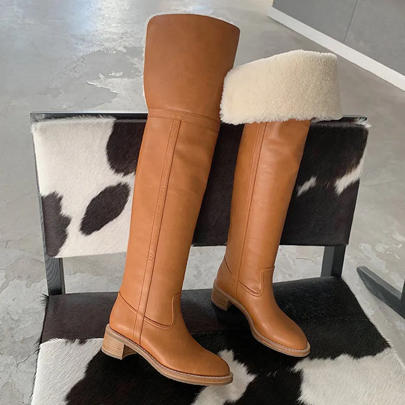 Hot Wool Over the Knee Boots Women Warm Lapel Chunky Heels Winter Boots Concise Slip On Brown Long Boots Runway Shoes Woman