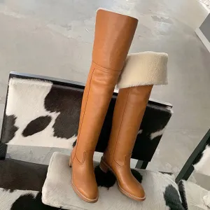 Hot Wool Over the Knee Boots Women Warm Lapel Chunky Heels Winter Boots Concise Slip On Brown Long Boots Runway Shoes Woman