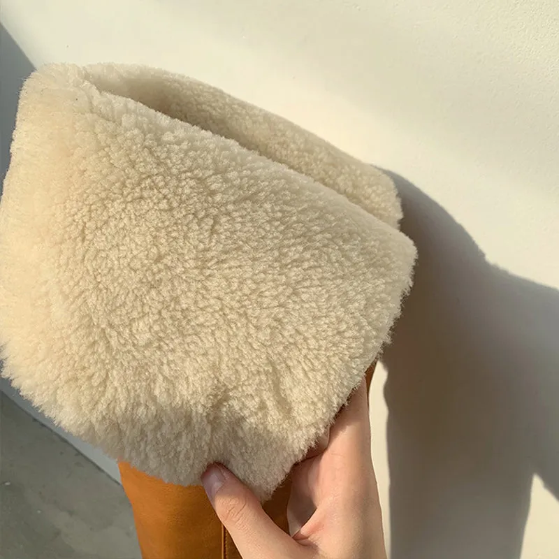 Hot Wool Over the Knee Boots Women Warm Lapel Chunky Heels Winter Boots Concise Slip On Brown Long Boots Runway Shoes Woman